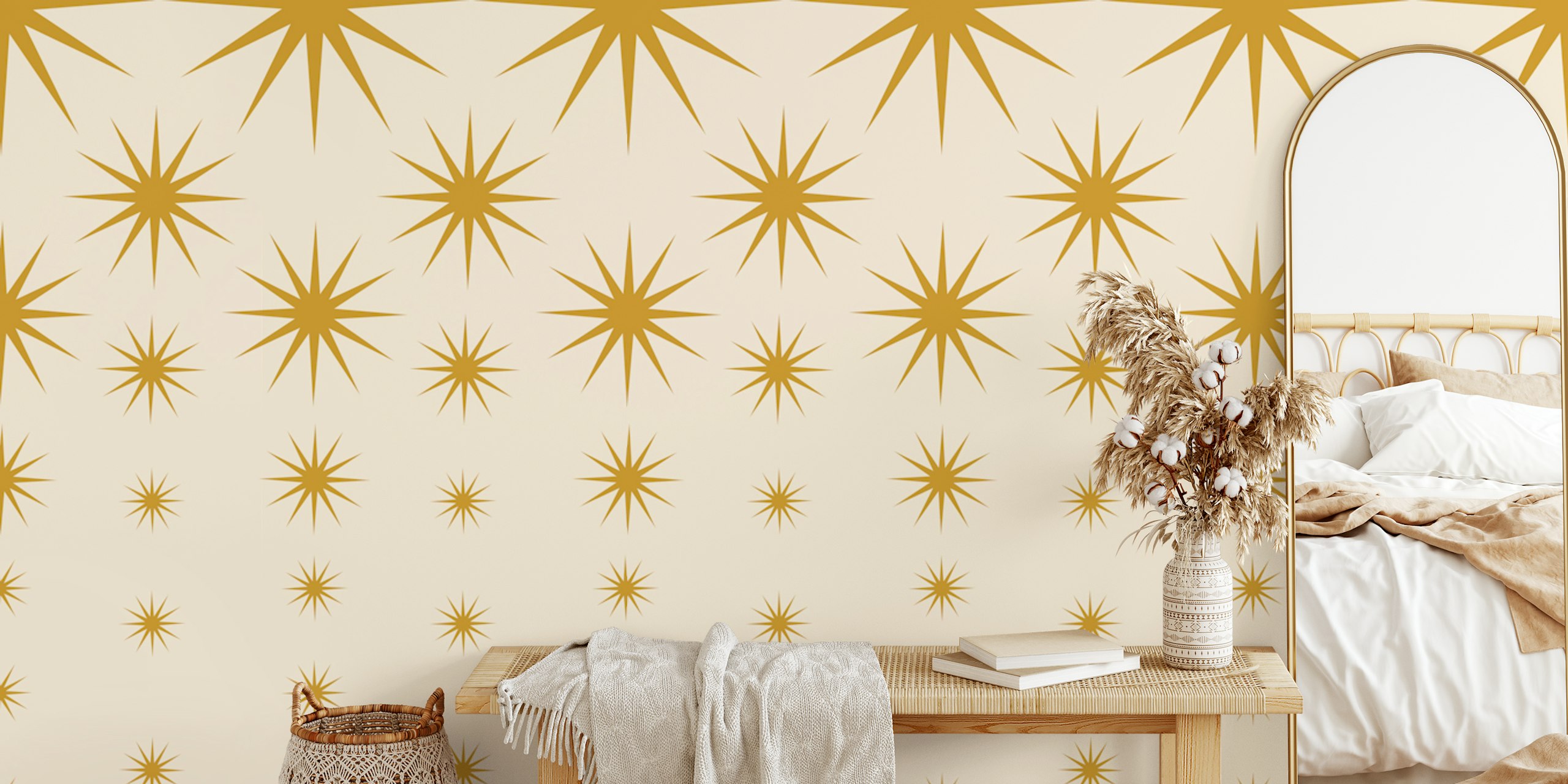 Gold star pattern on cream background wallpaper