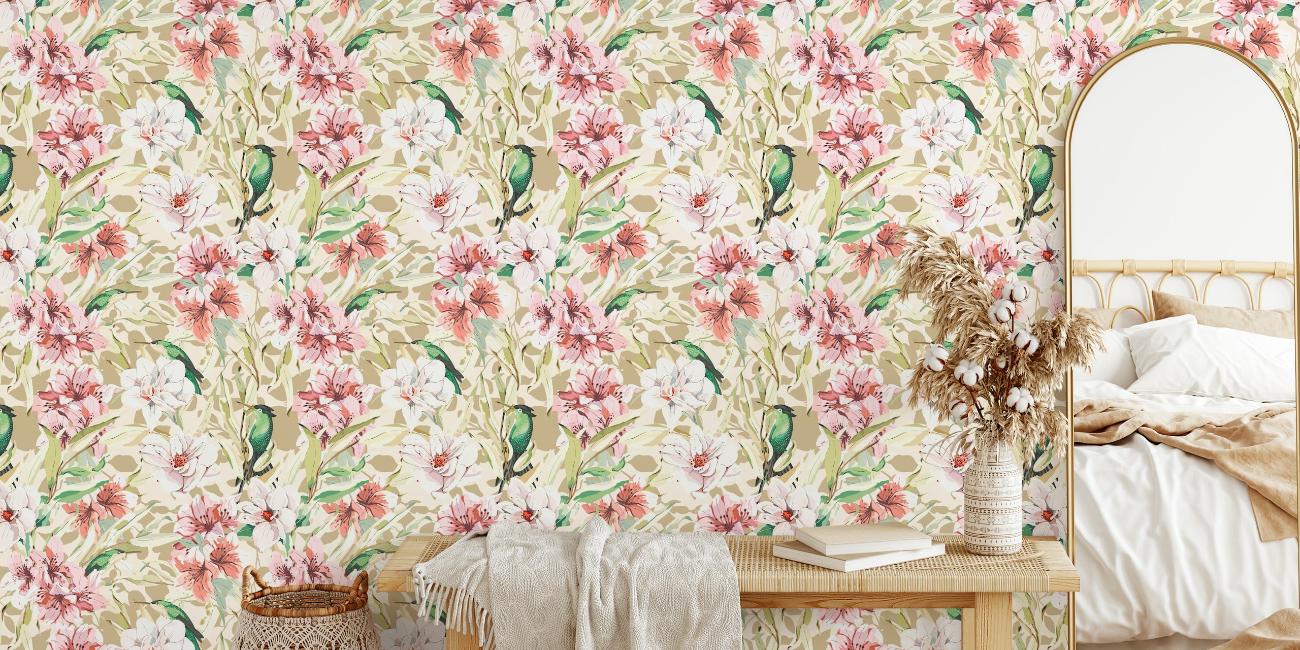Hummingbirds among pink and white flowers on a beige background wallpaper