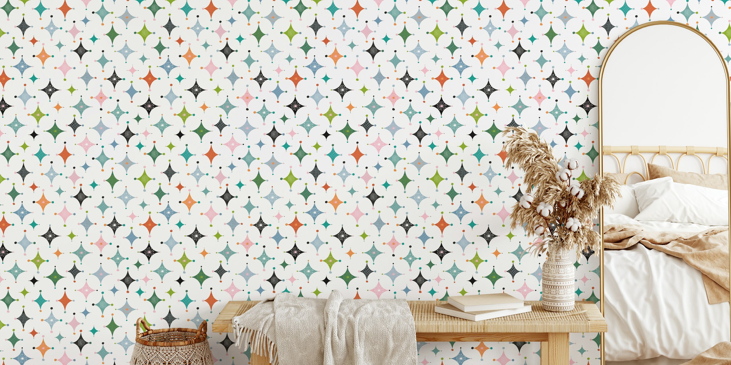Colorful star shapes in various shades on white background wallpaper