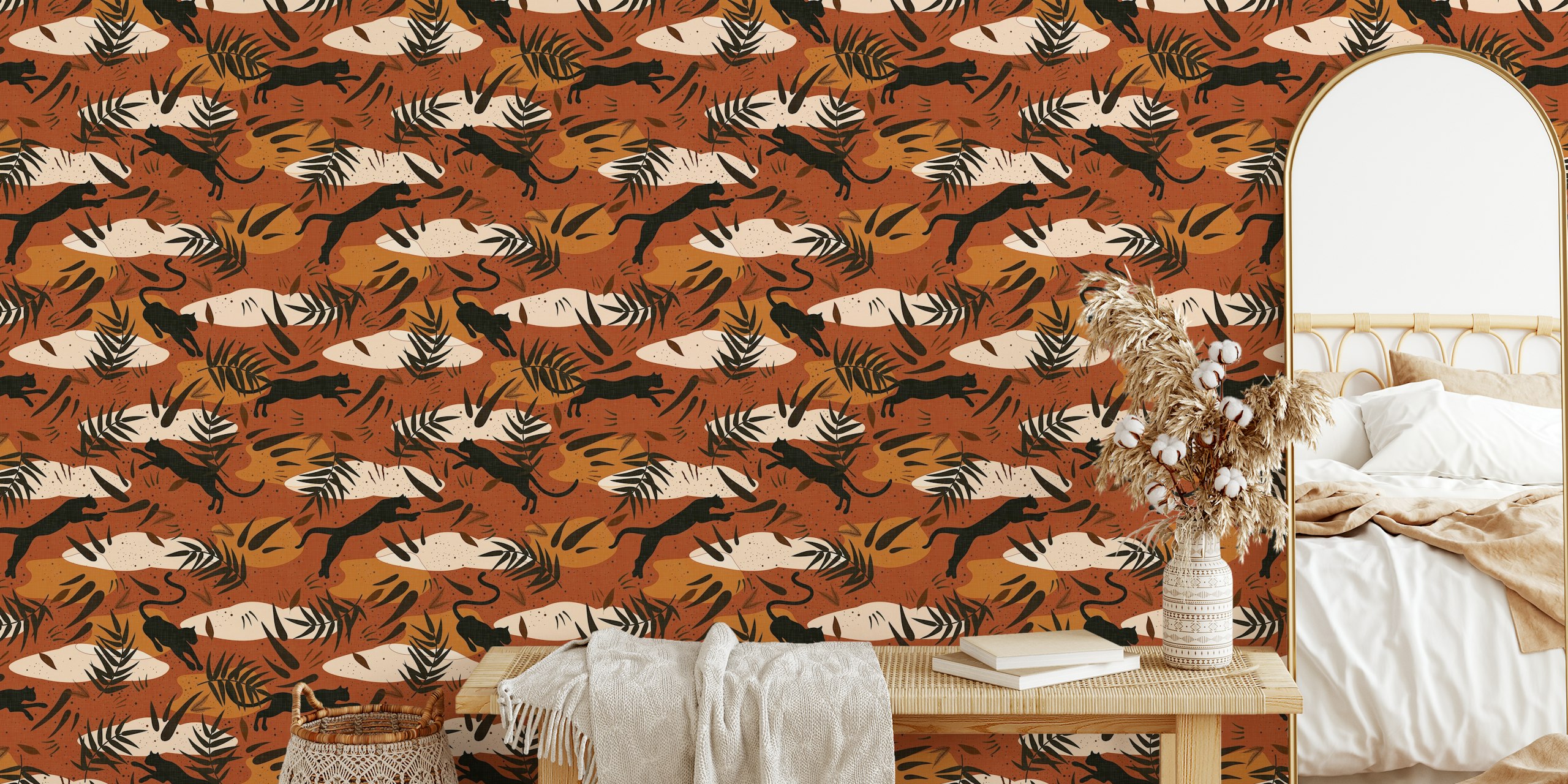 Jungle cat and leaf patterns in earthy colors wallpaper