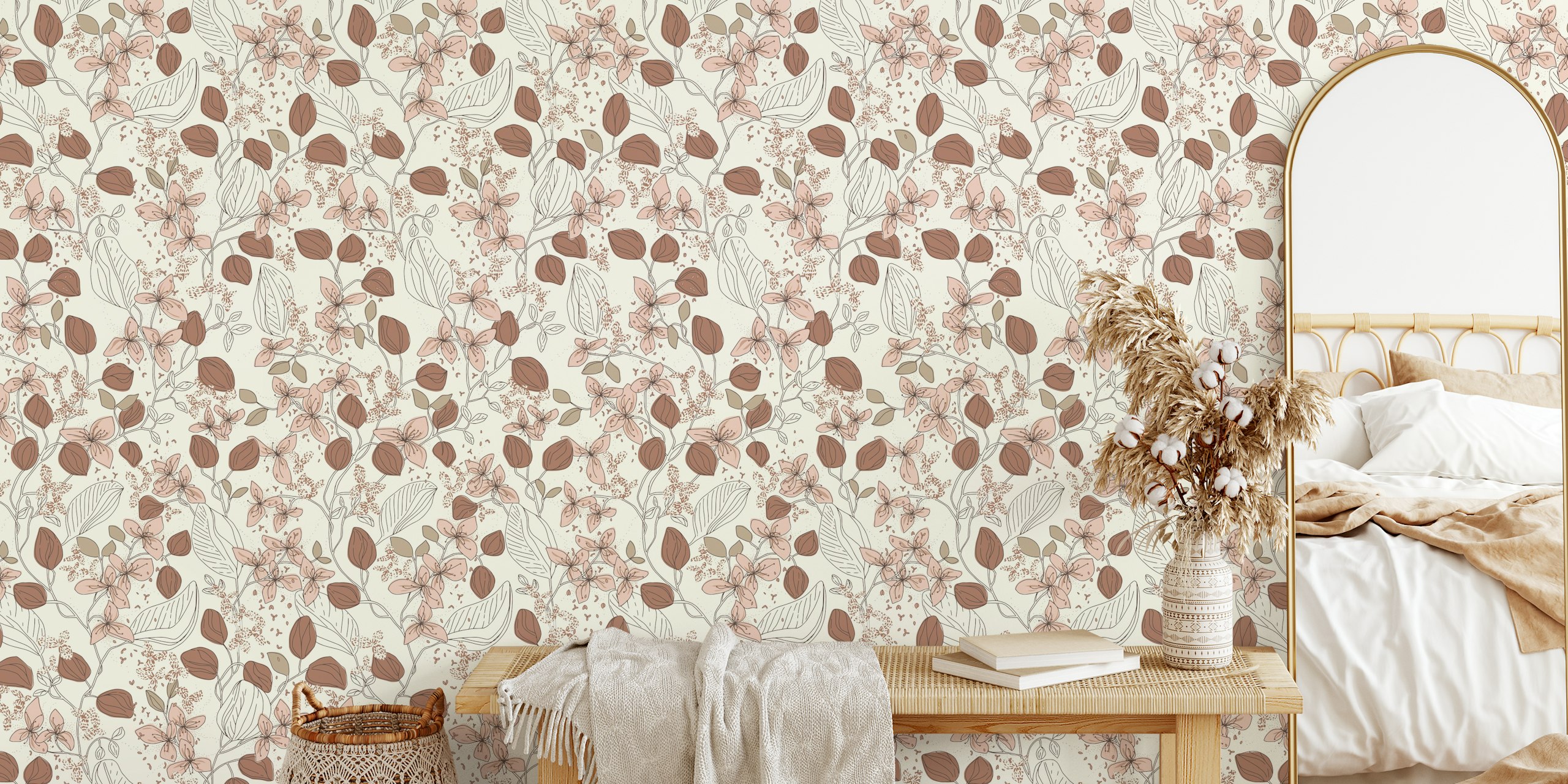 Floral elegance relaxed mocha cream wallpaper in a room