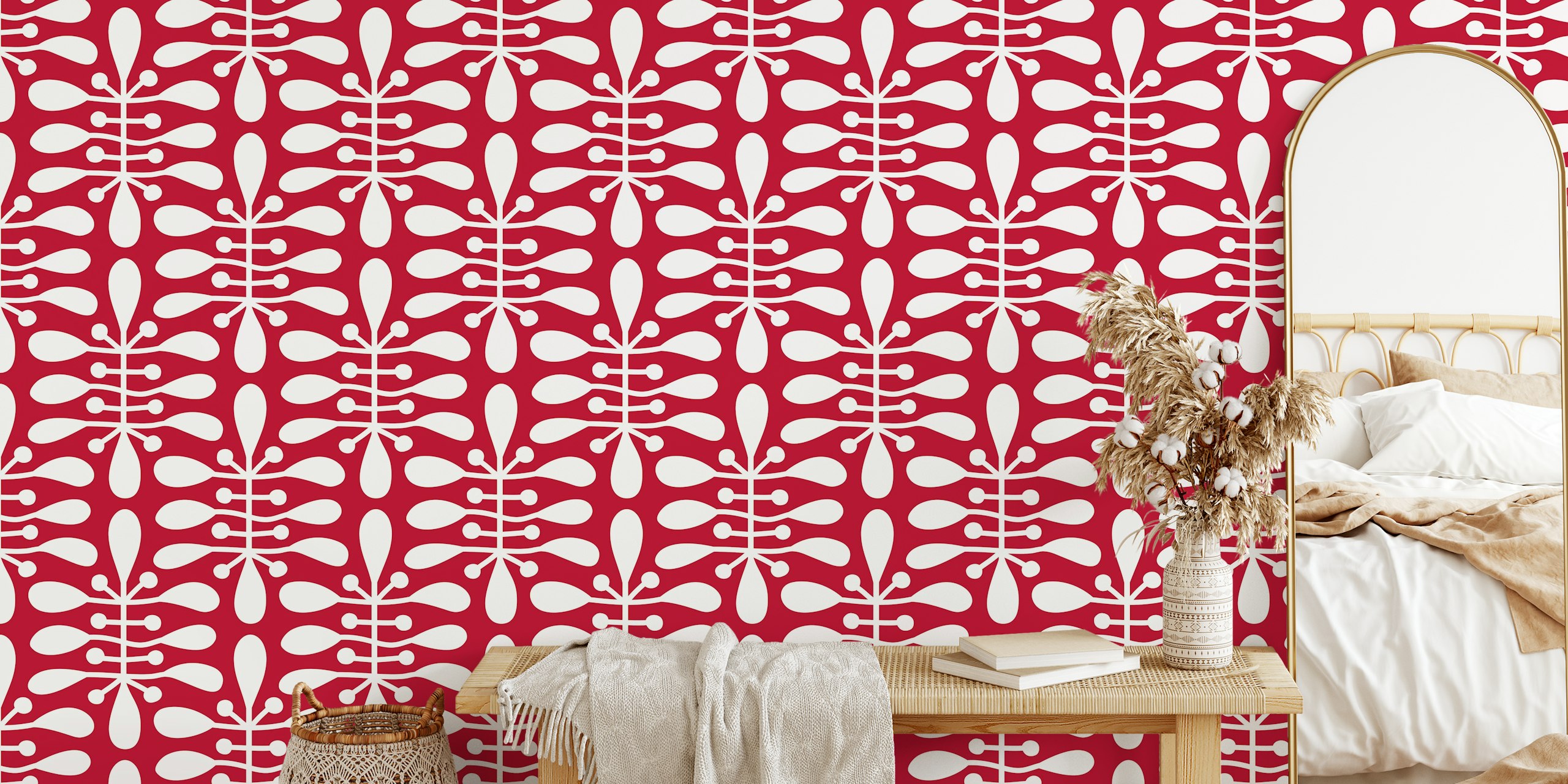 Red botanical pattern with white shapes wallpaper