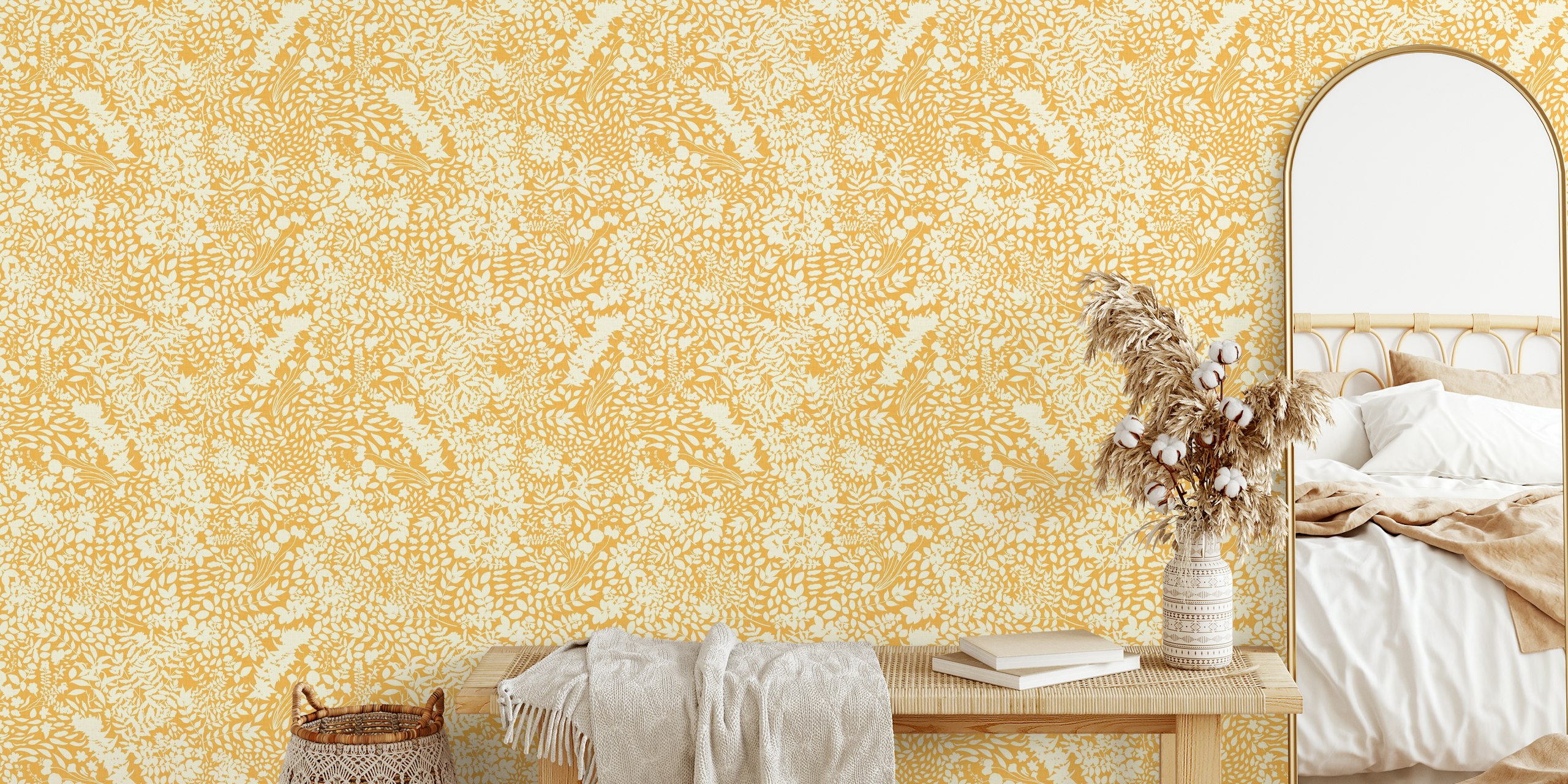 Wildflower pattern on sunny yellow background wallpaper