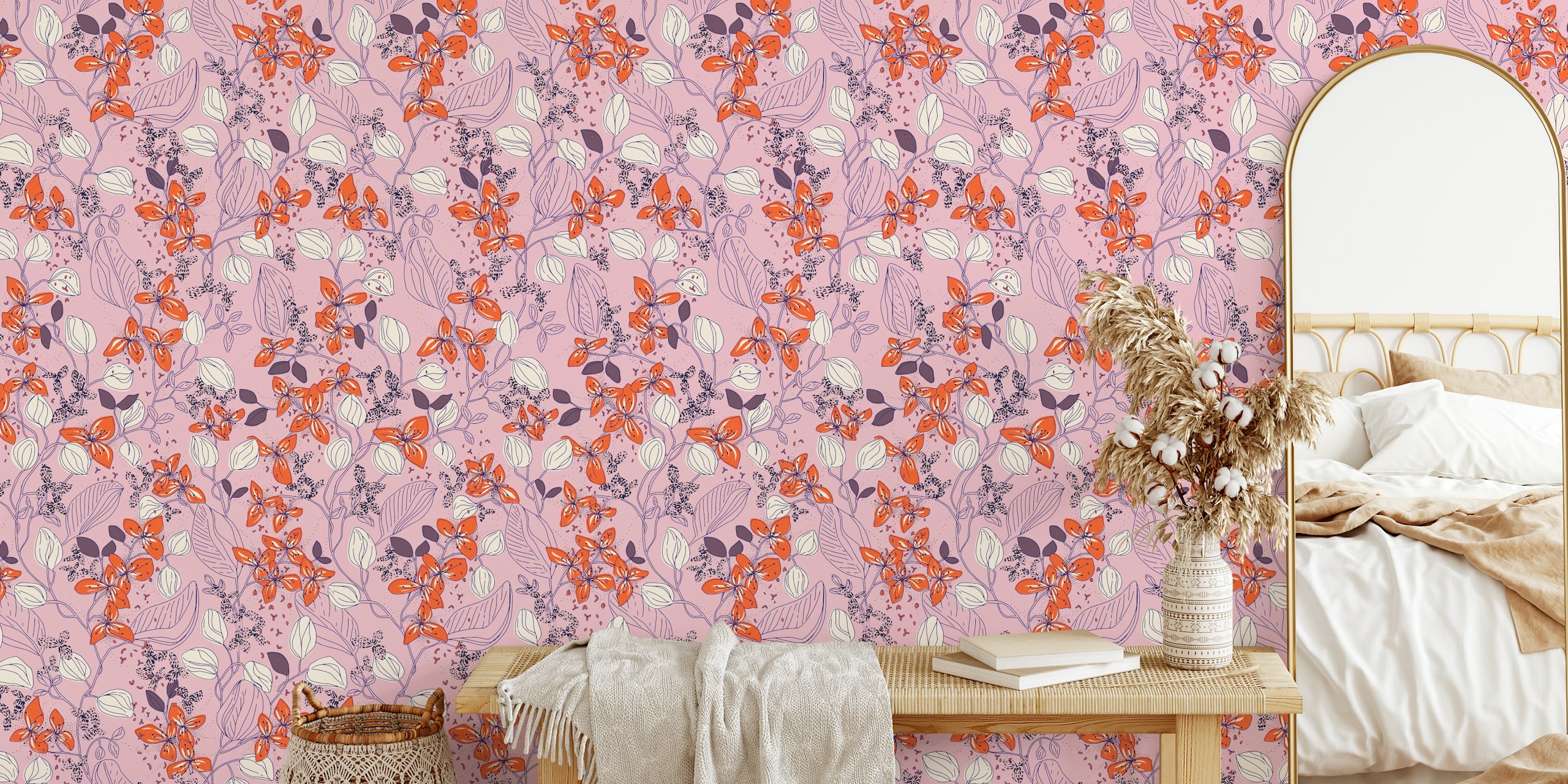 Floral elegance lilac and red orange carta da parati in una stanza