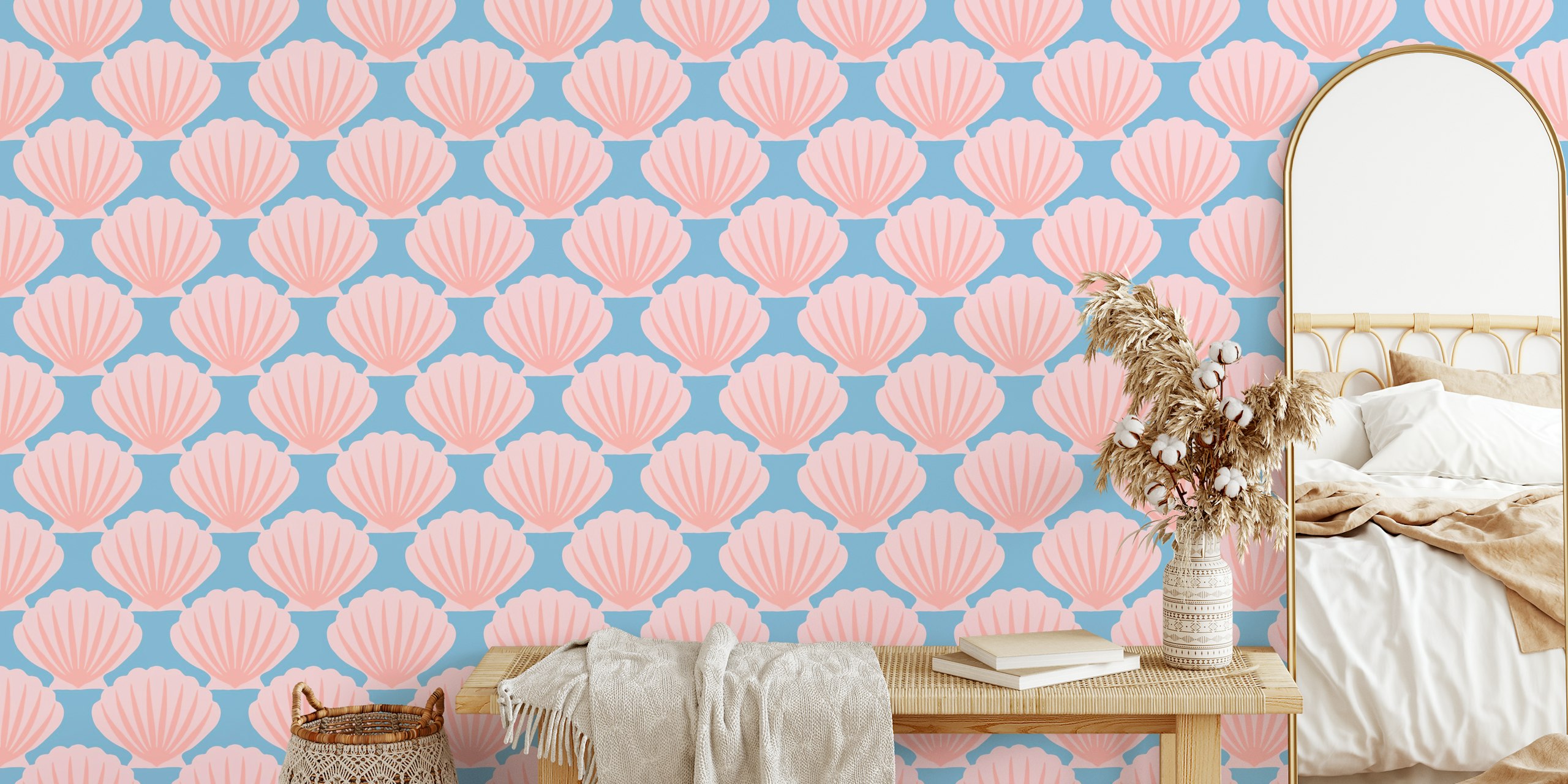 Modern scallops pink and blue wallpaper in a room
