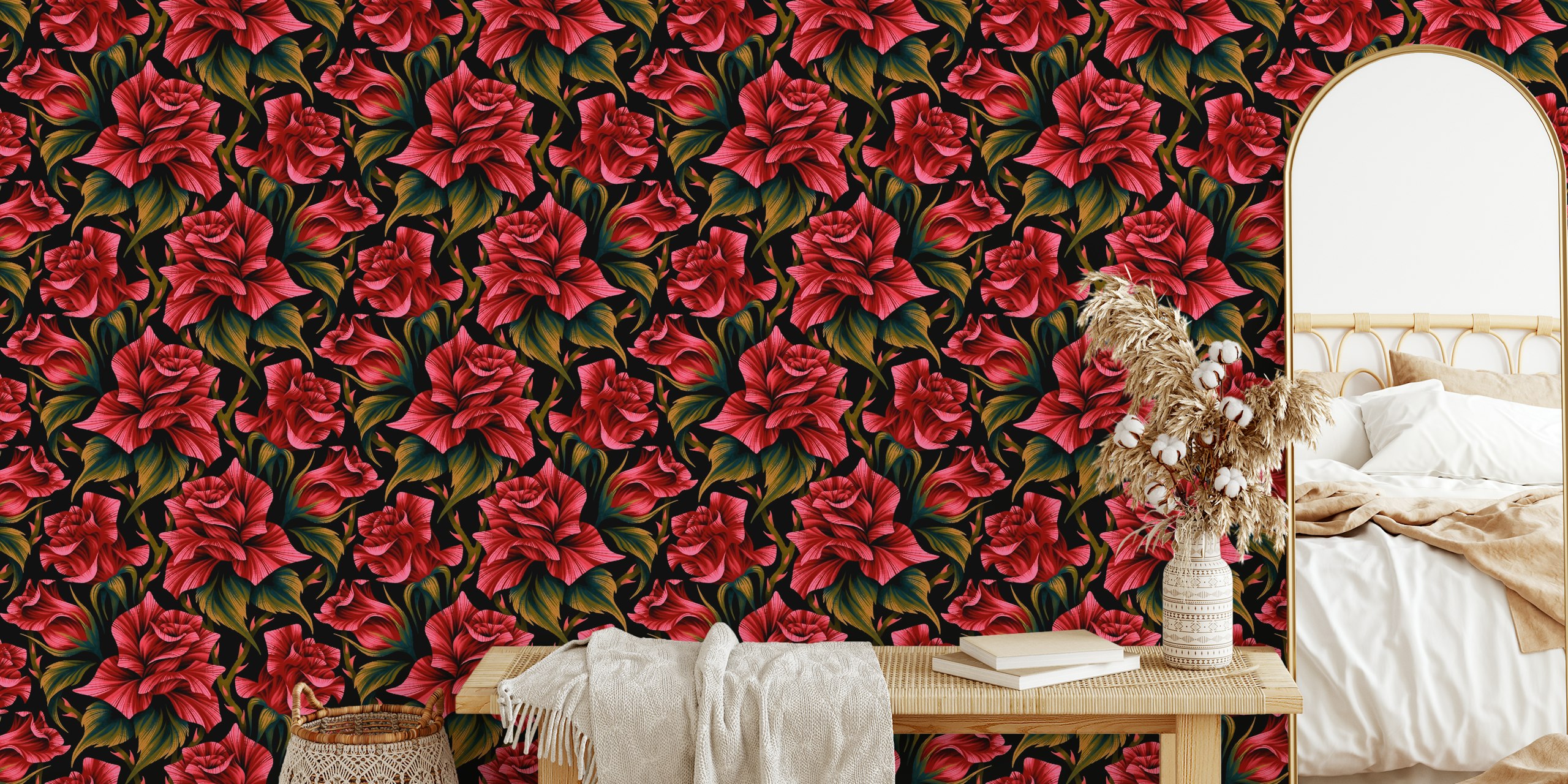 Diseño de papel pintado rojo y negro Classic Rose