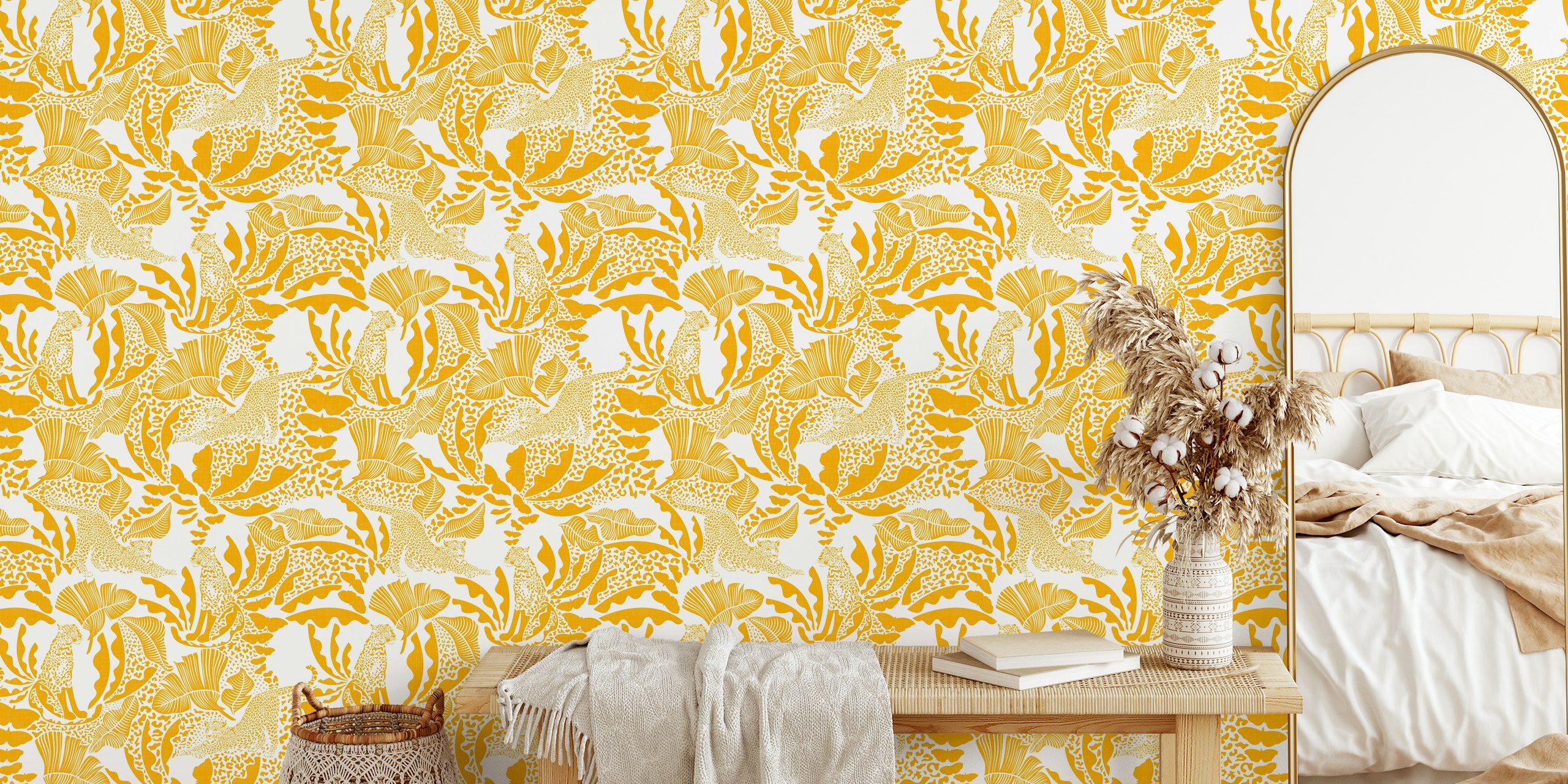 Yellow tropical jungle wallpaper with leopards and leafy patterns