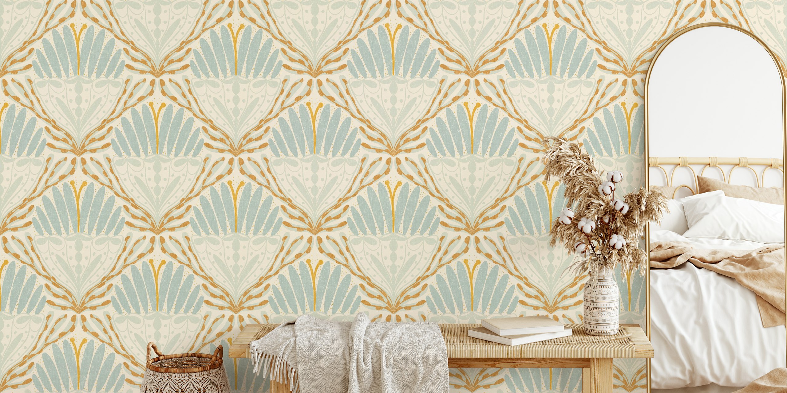 Art Deco floral pattern in blue and gold on cream wallpaper