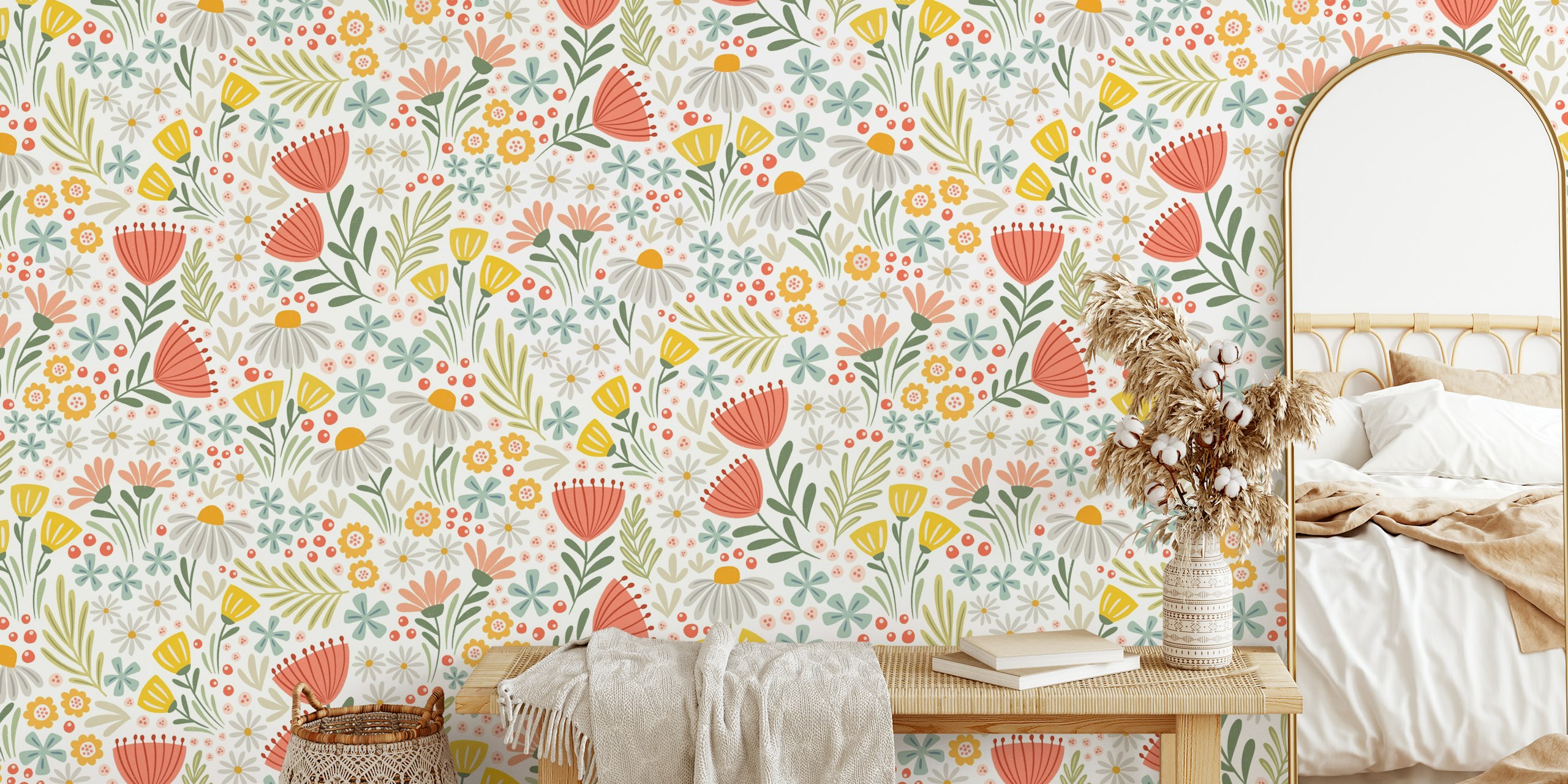 Colorful floral pattern wallpaper featuring wildflowers in pink, yellow, and green.