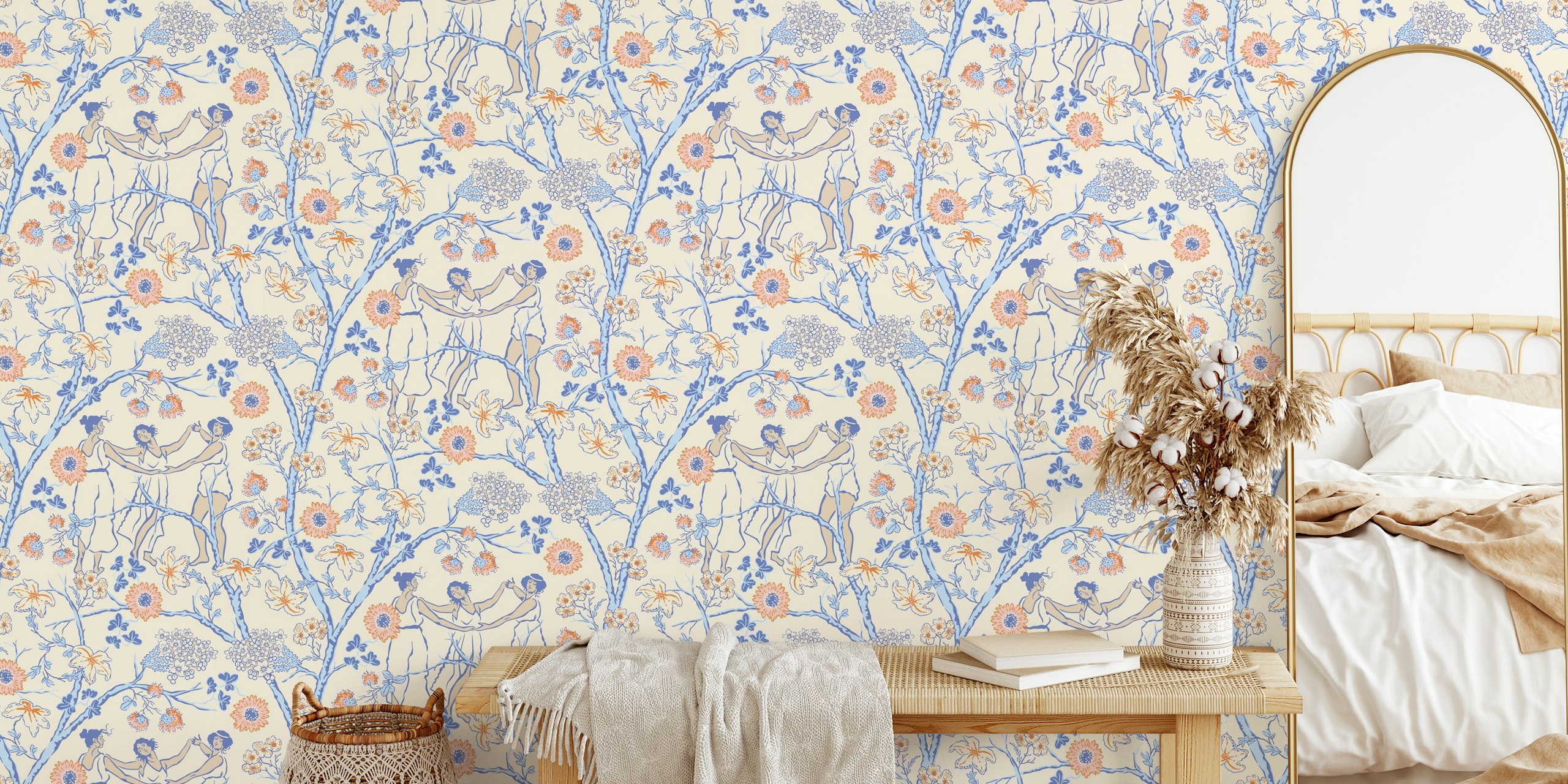 Floral pattern with dancers and flowers in beige, light blue, and pink wallpaper