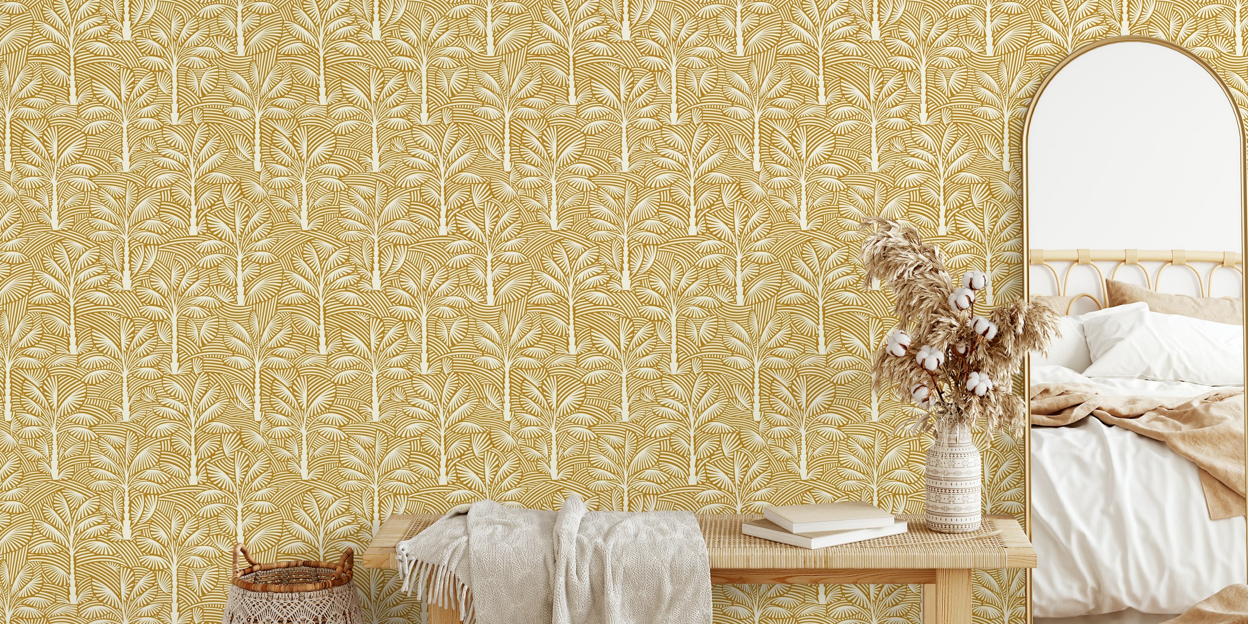 Tropical palm leaves in gold and cream pattern wallpaper