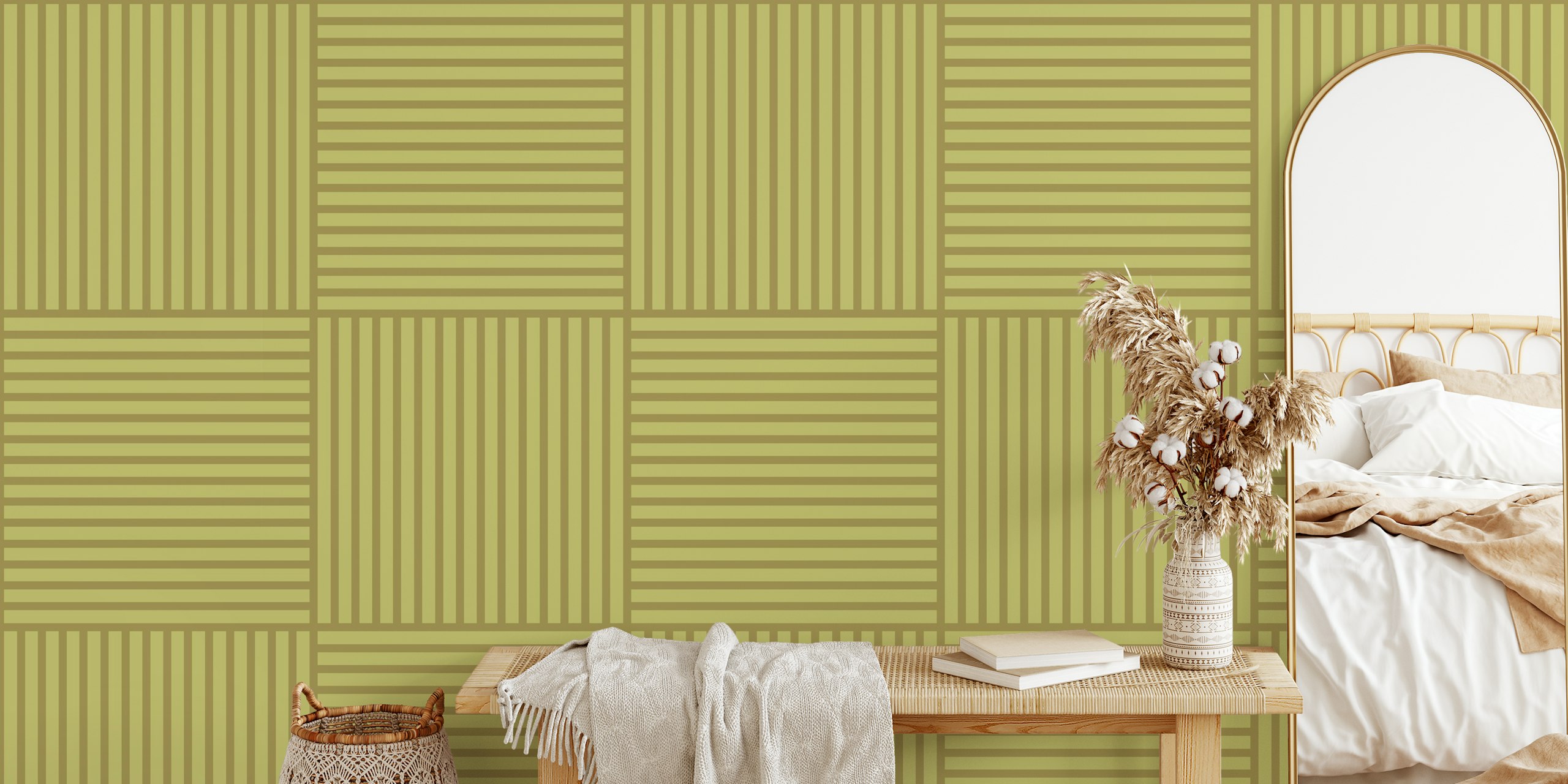 Japandi Natural Stripes - Olive ταπετσαρία στο δωμάτιο
