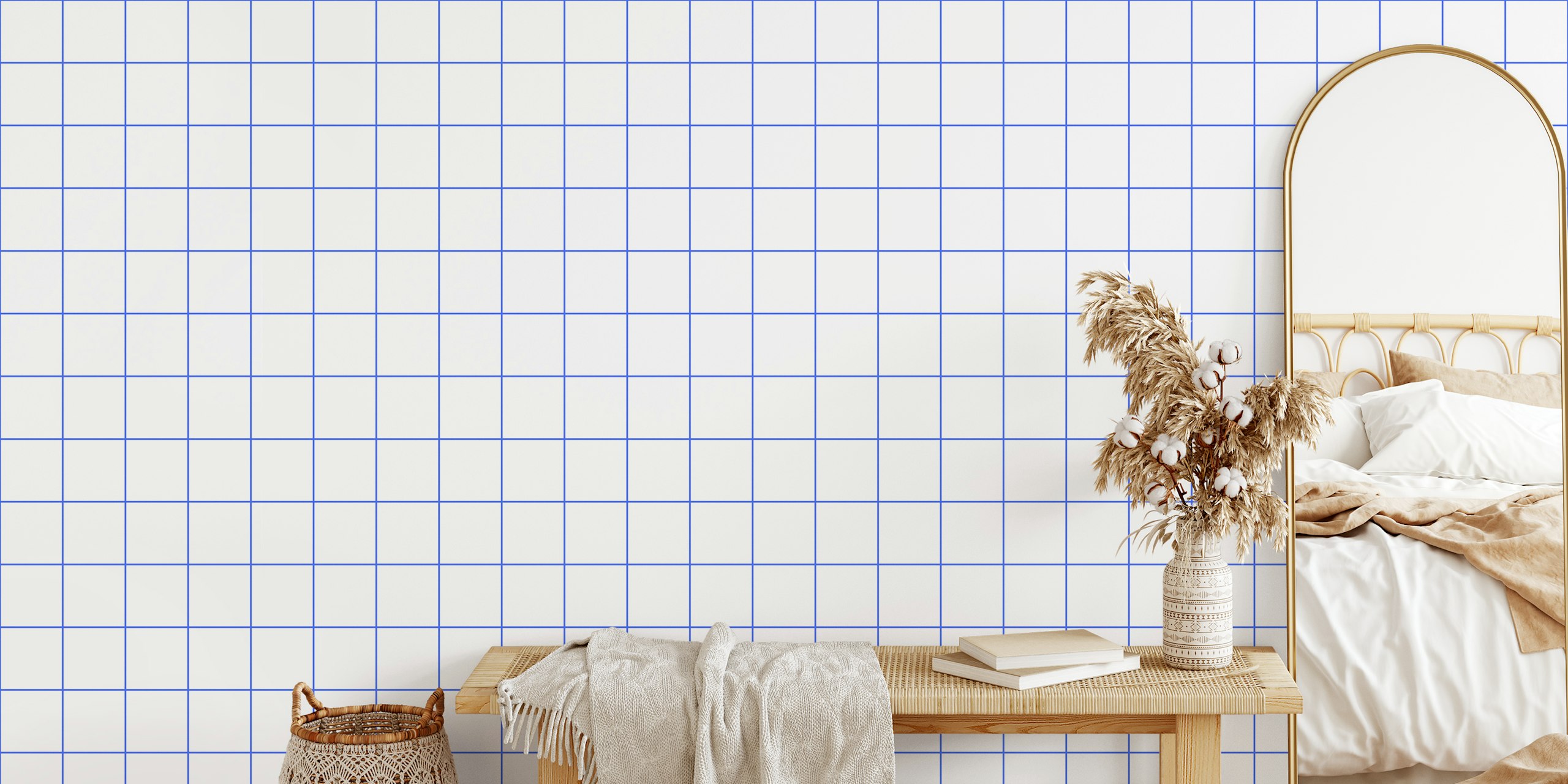 Geometric grid pattern in white and cobalt blue wallpaper