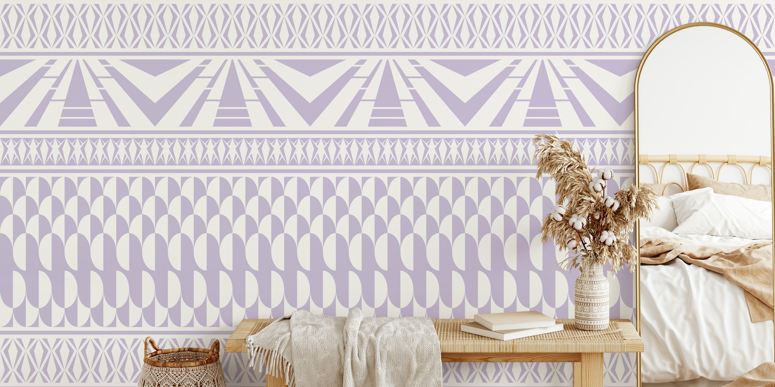 Lavender minimalist art deco geometric wallpaper in a room