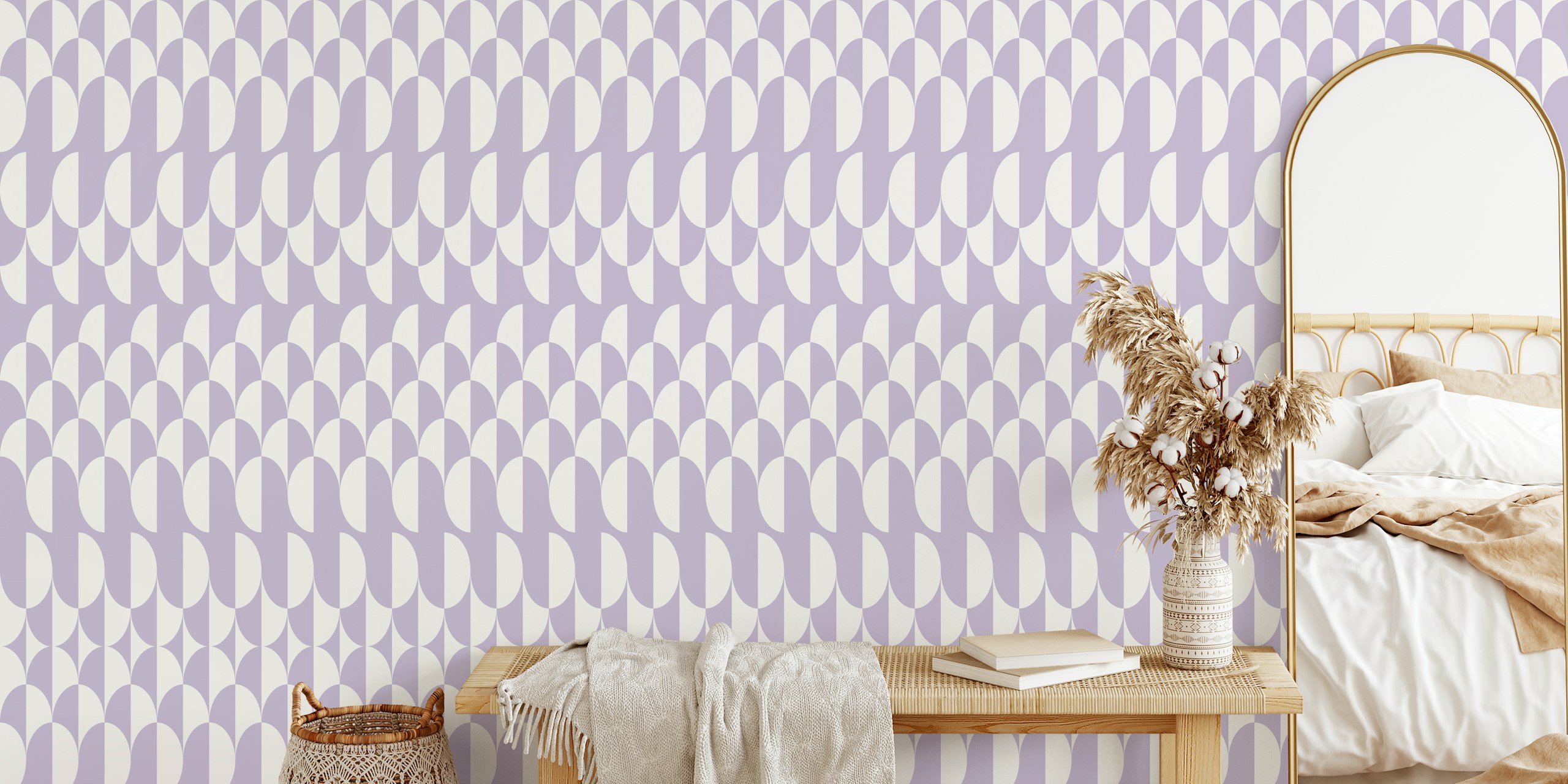 Papel de parede arcos geométricos de lavanda em um quarto