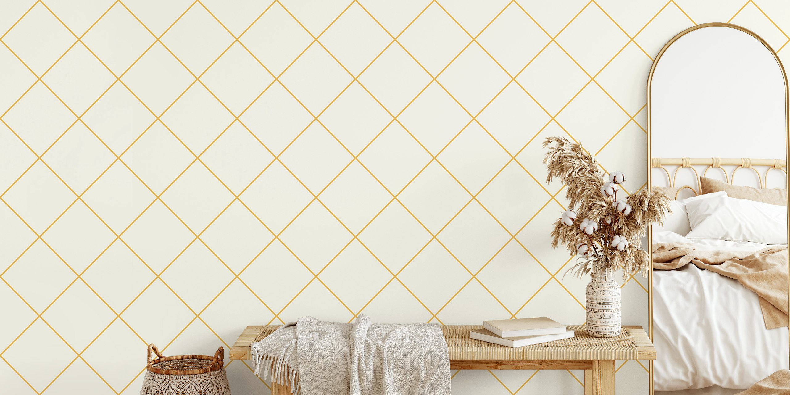 Faux Tile Grid Yellow Beige zidna obloga u sobi