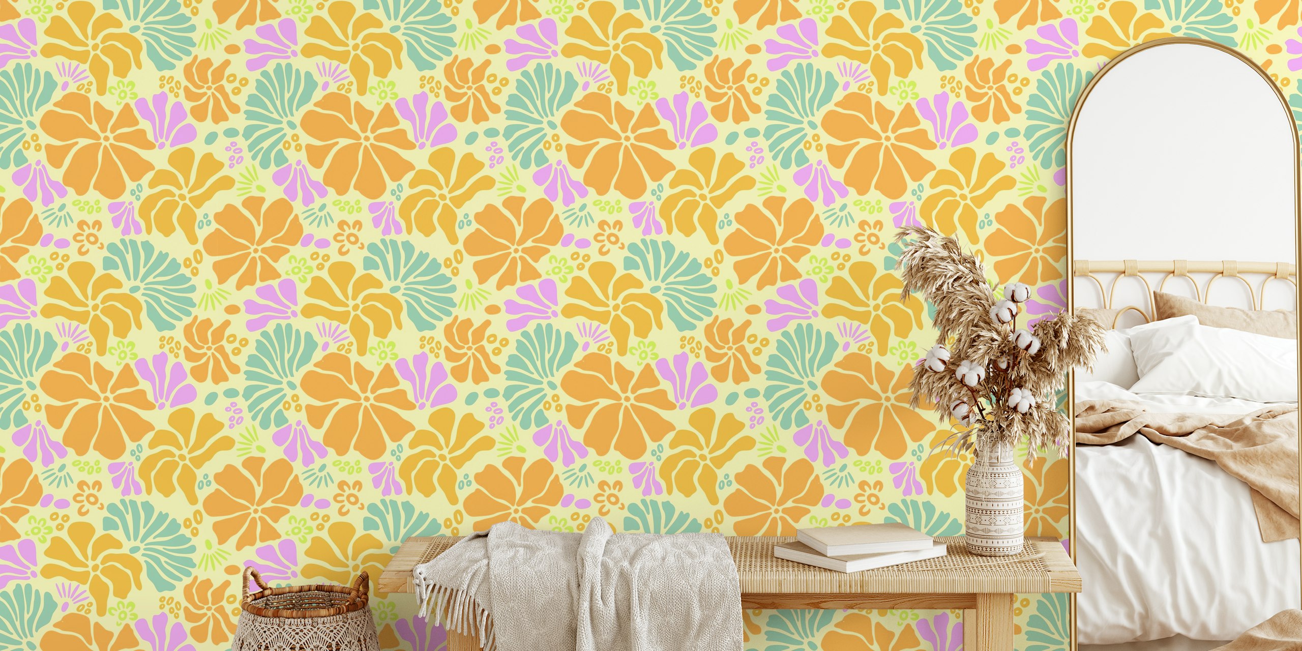 Colorful retro floral patterns in orange, pink, and teal on a yellow wallpaper