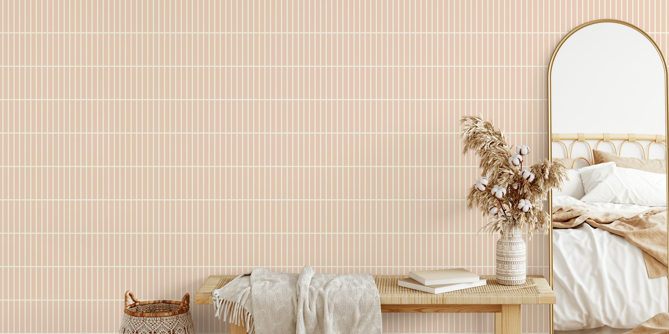 Narrow vertical tile pattern in cream and white wallpaper