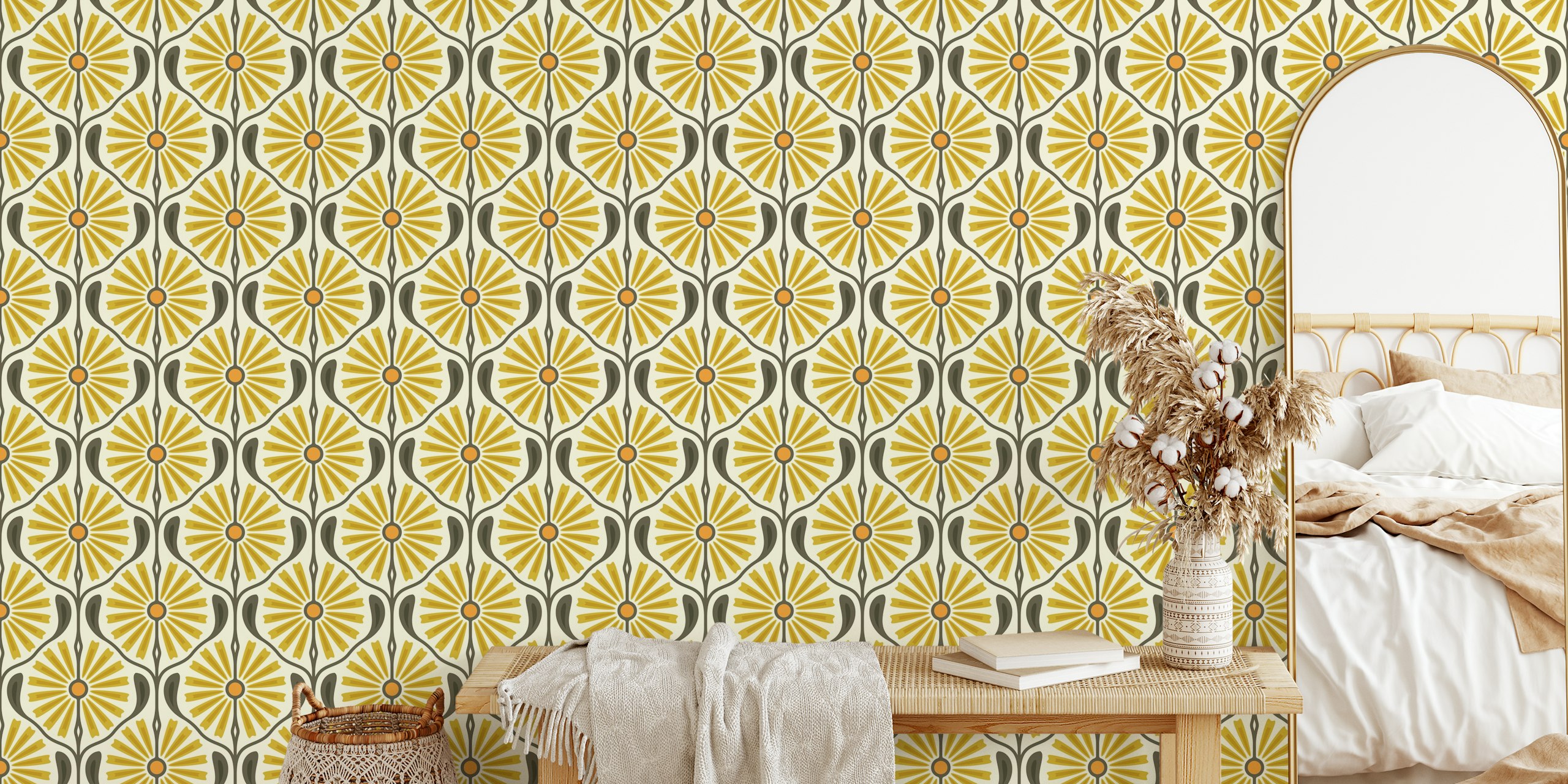 Retro Sunburst Charm in Yellow tapetdesign