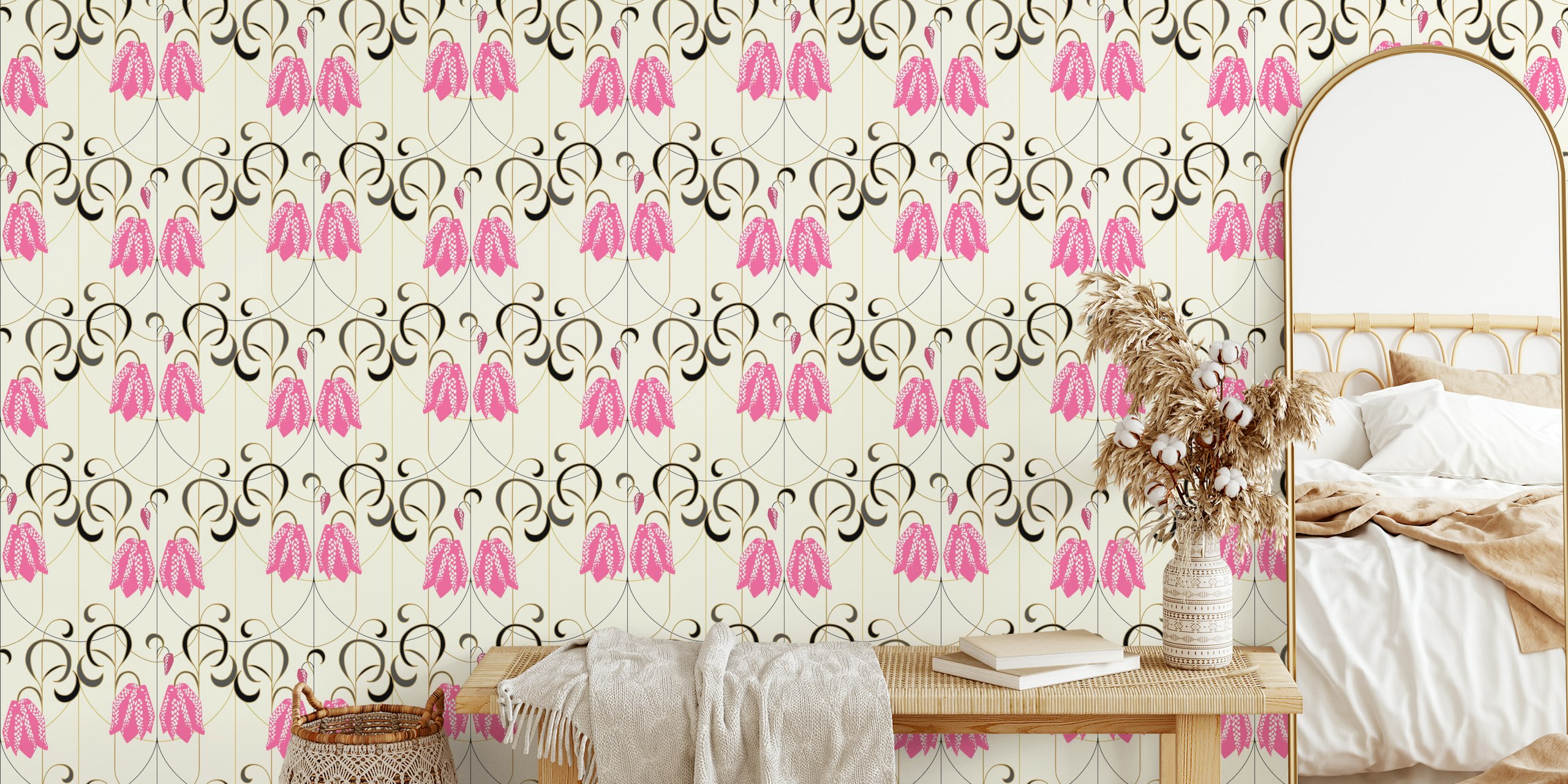 Art deco Checkered lily pink tapeta w pokoju