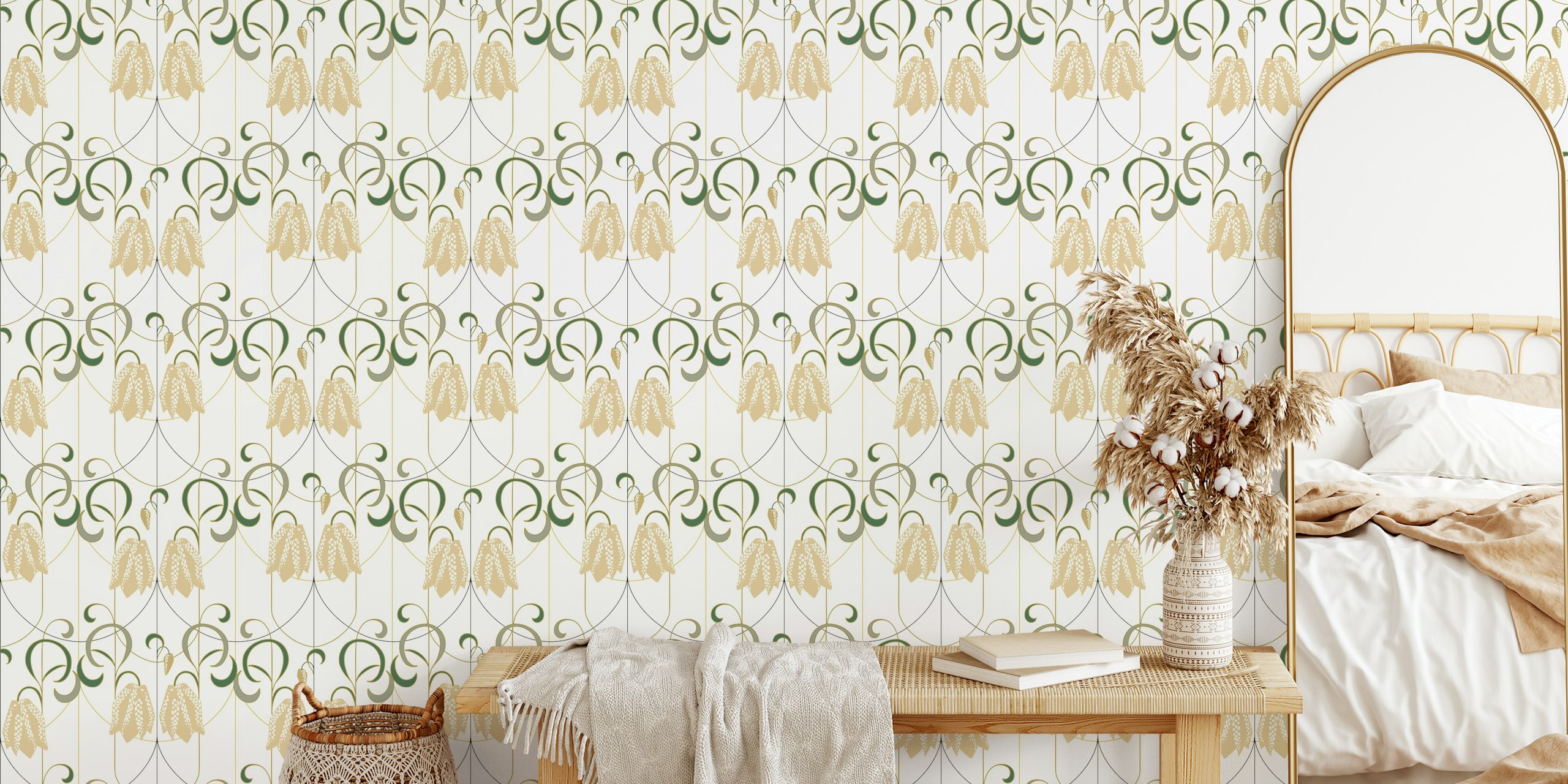 Art deco Checkered lily ivory sage papel de parede em um quarto