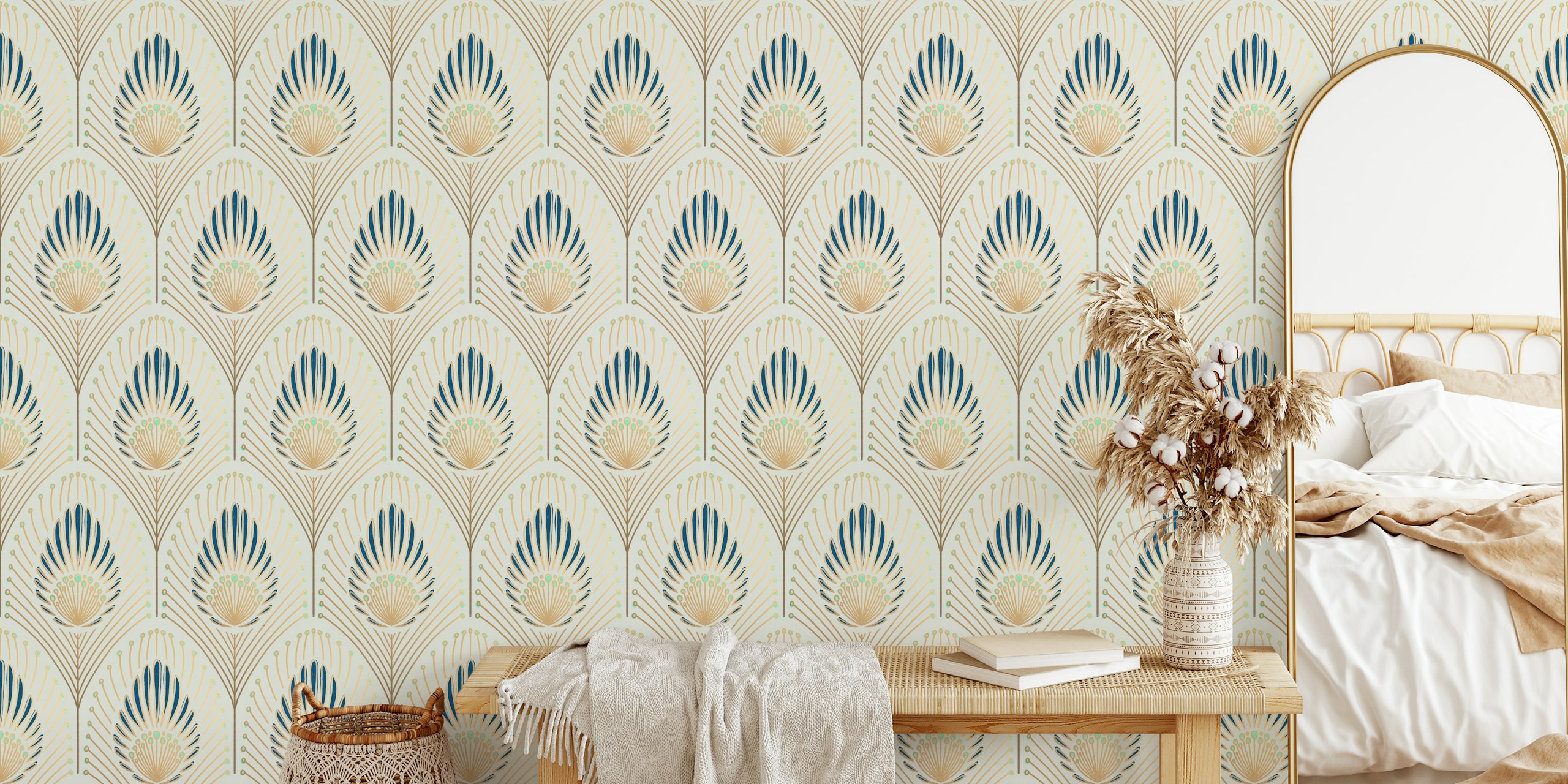 Floral pattern in gold and navy on cream background wallpaper