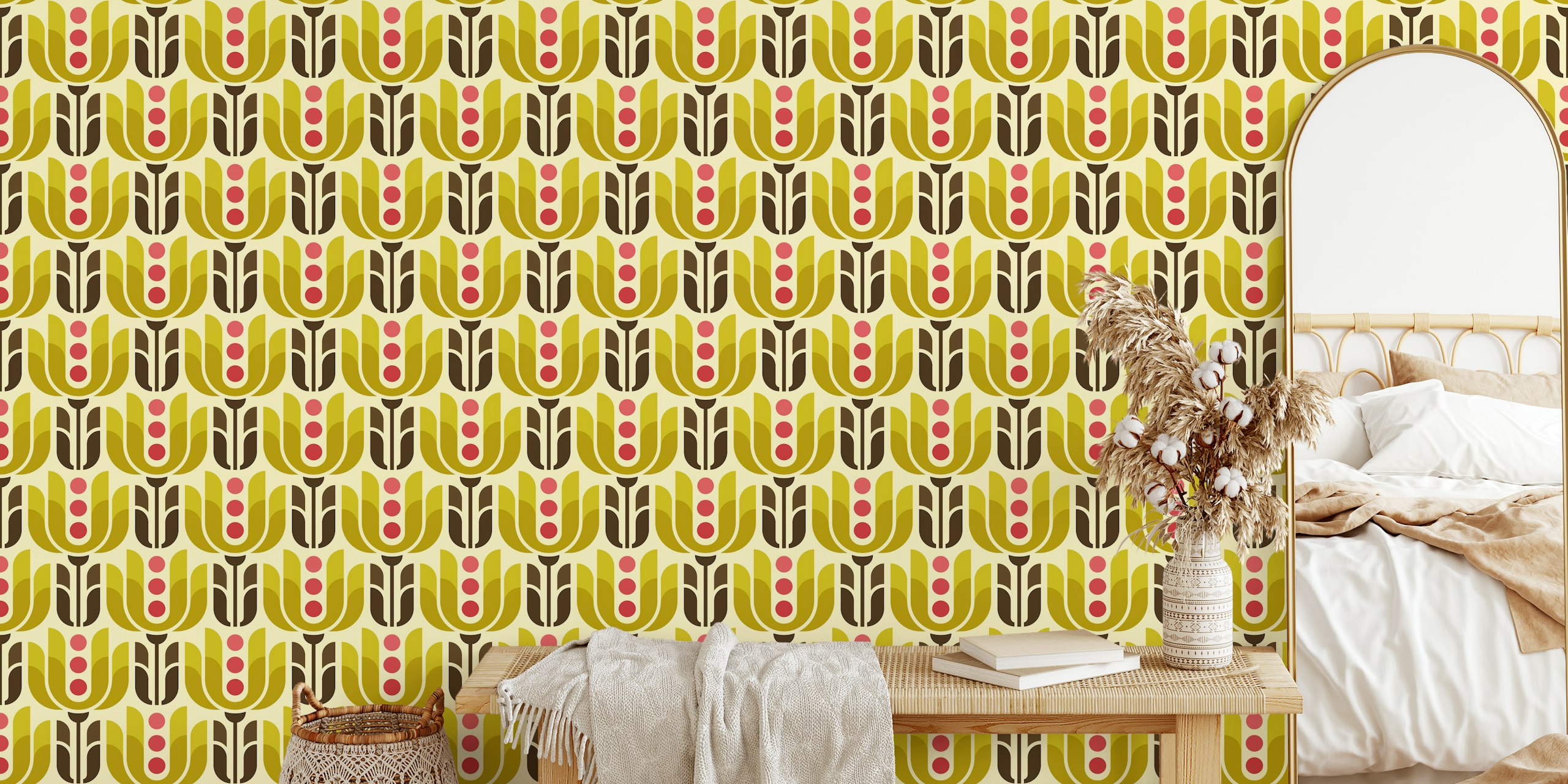 Retro geometric tulips wallpaper in a room