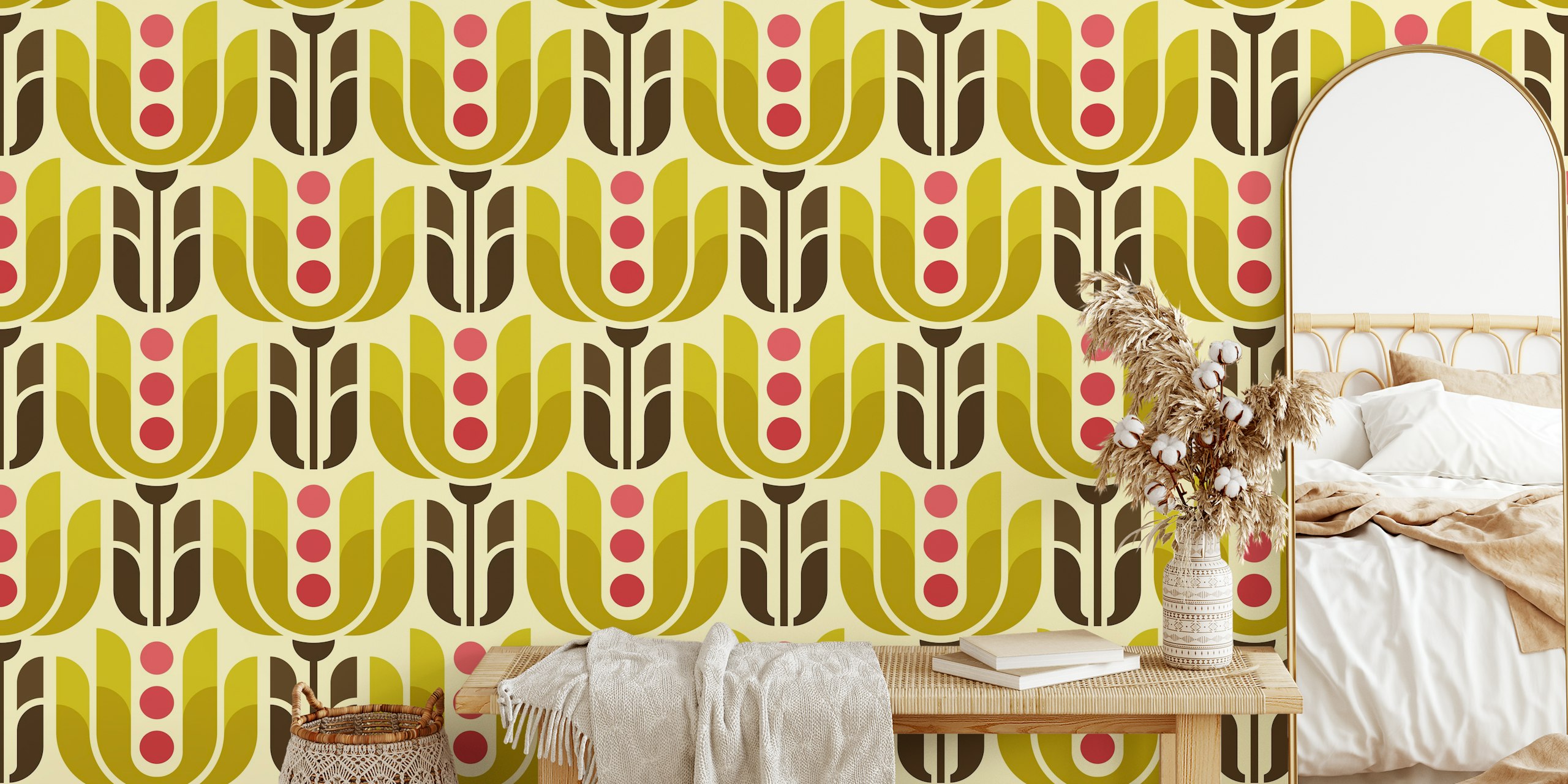 Retro geometric tulips in green and magenta on cream wallpaper