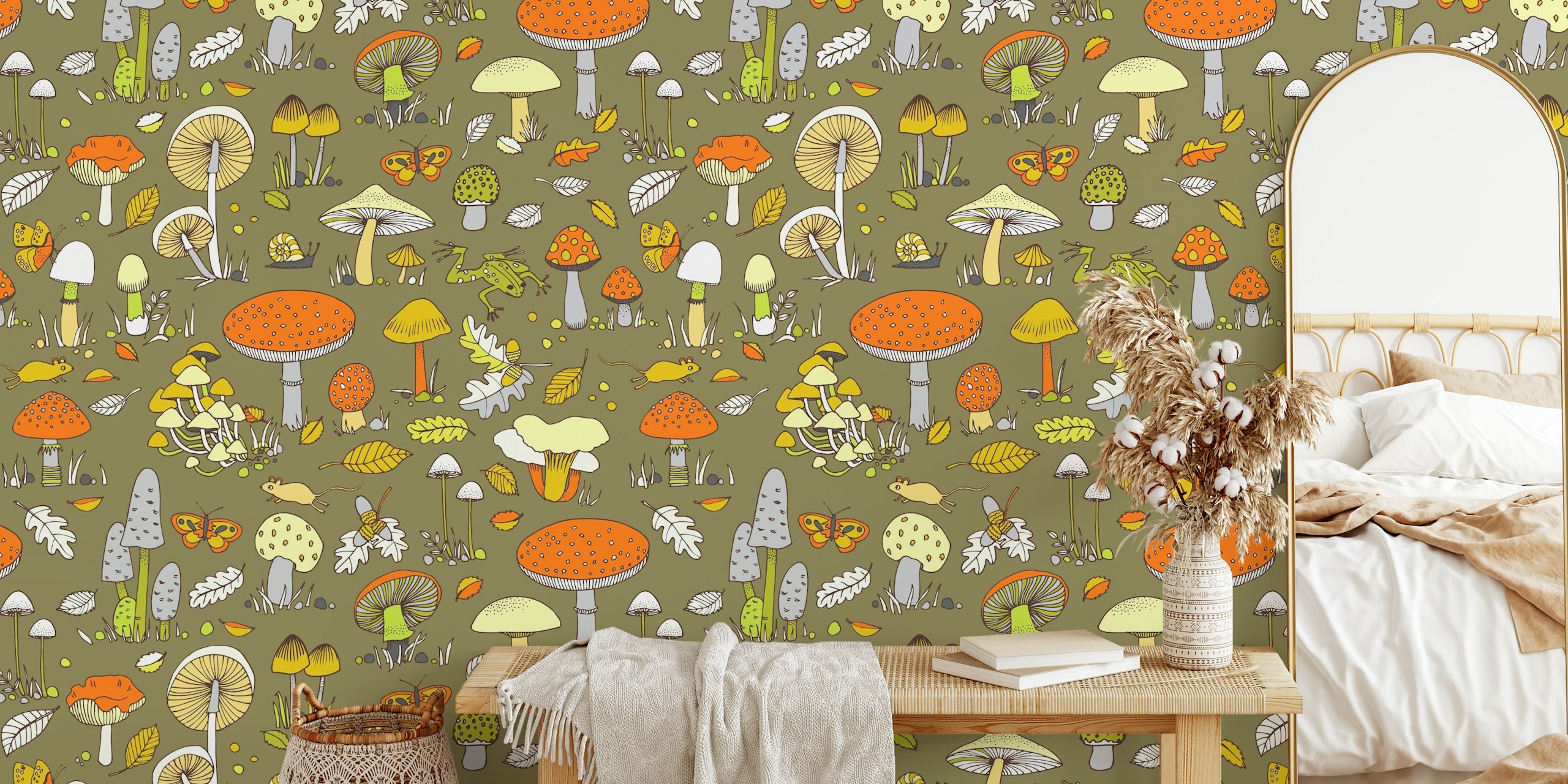 70s mushrooms wallpaper in a living room setting