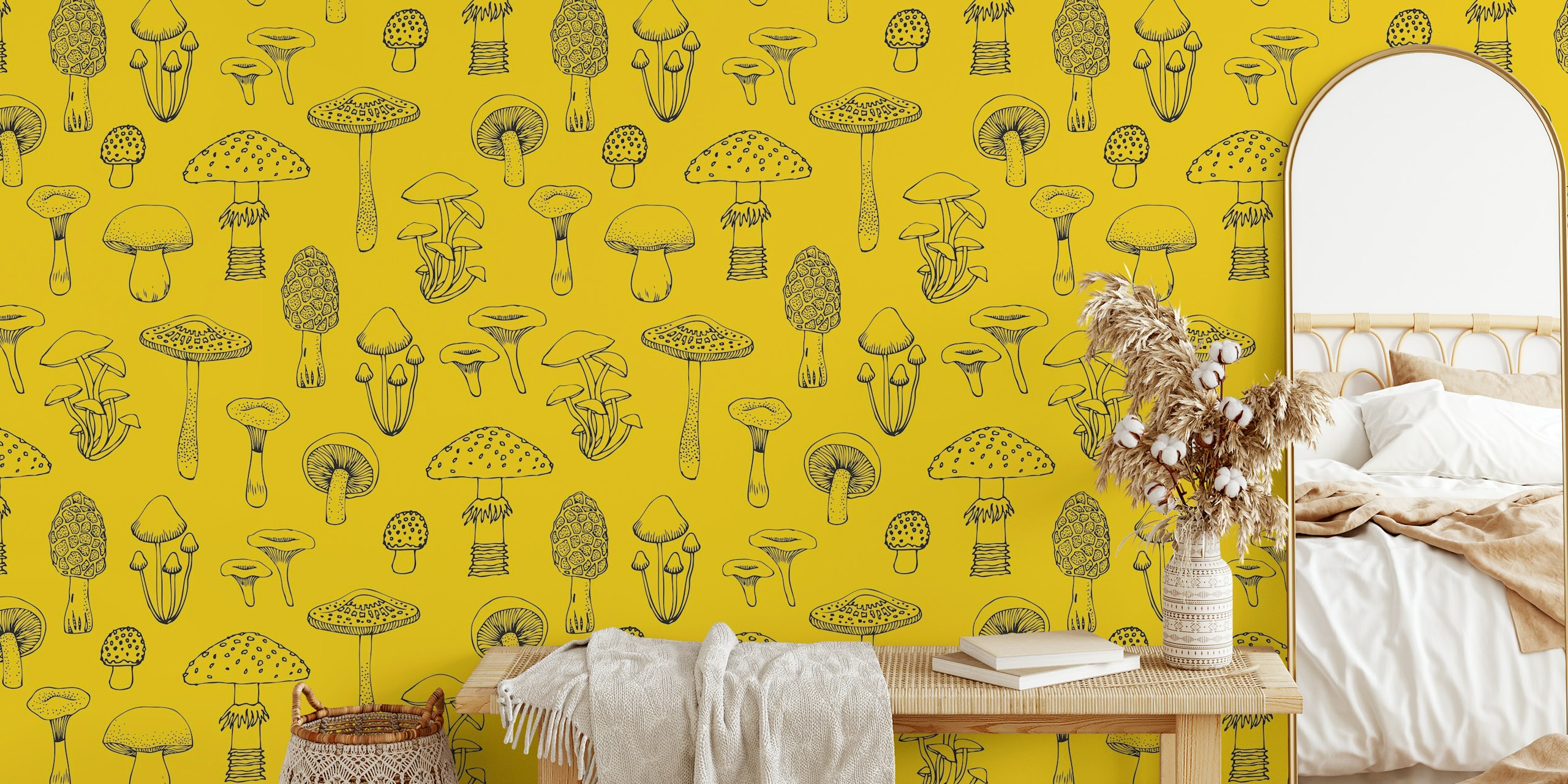 Mushroom pattern on mustard yellow background wallpaper