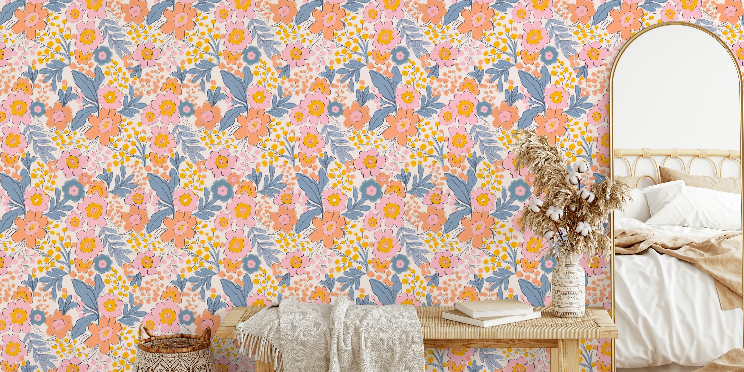 Pink floral motifs with yellow accents and green leaves wallpaper