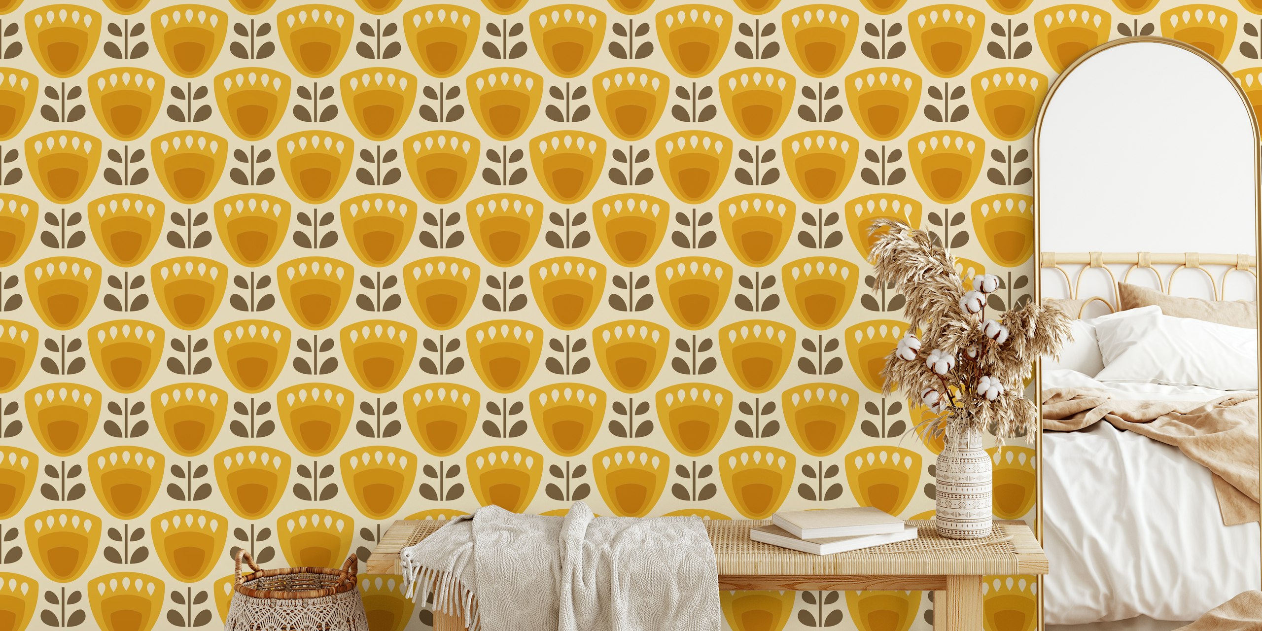 Mid-Century Tulips in Orange wallpaper in a room