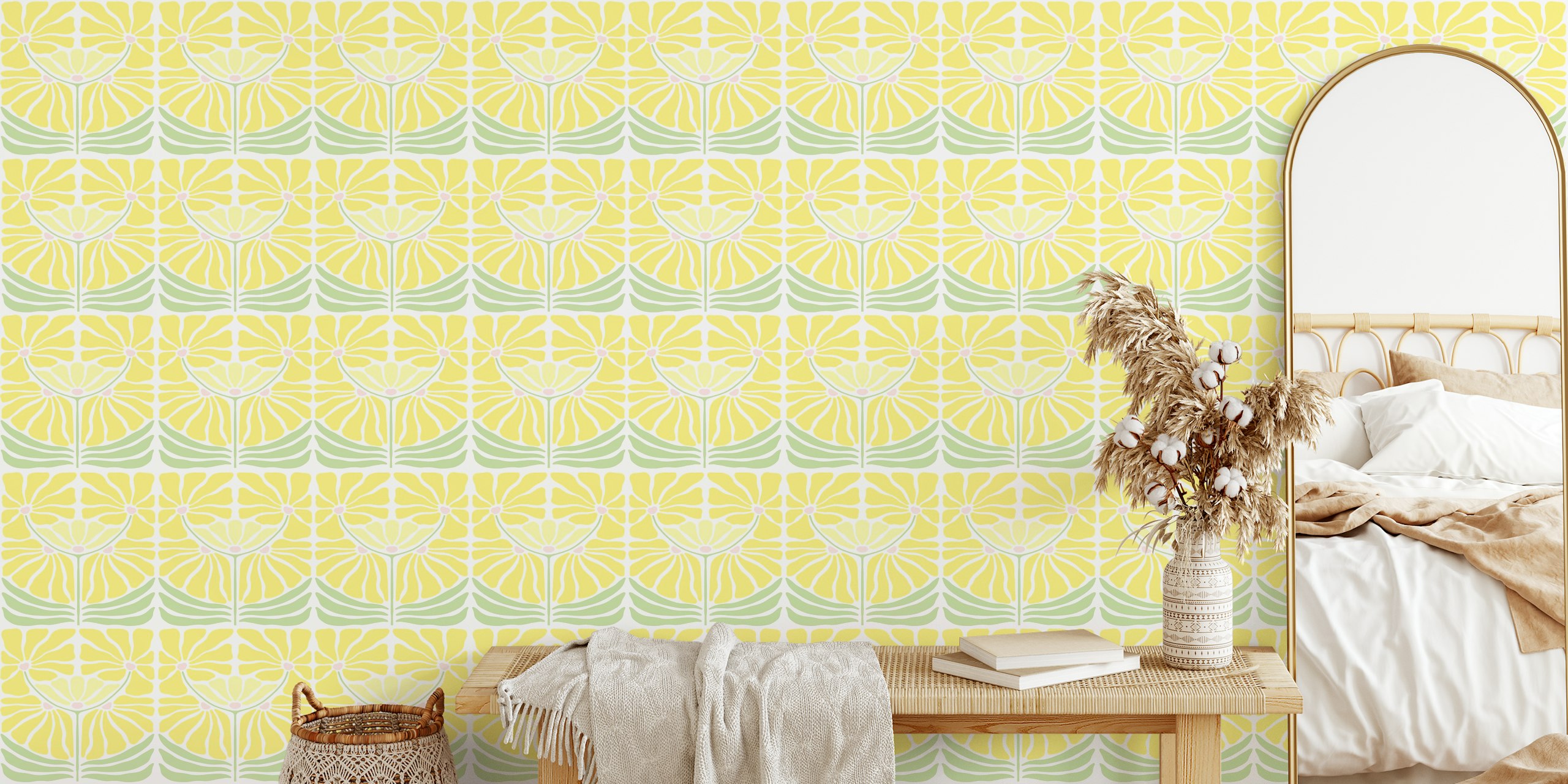 Yellow flowers with green leaves in a repeating pattern wallpaper