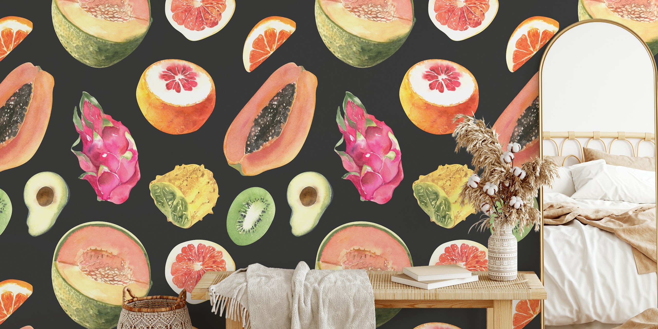 Tropical fruits wallpaper on an off-black background
