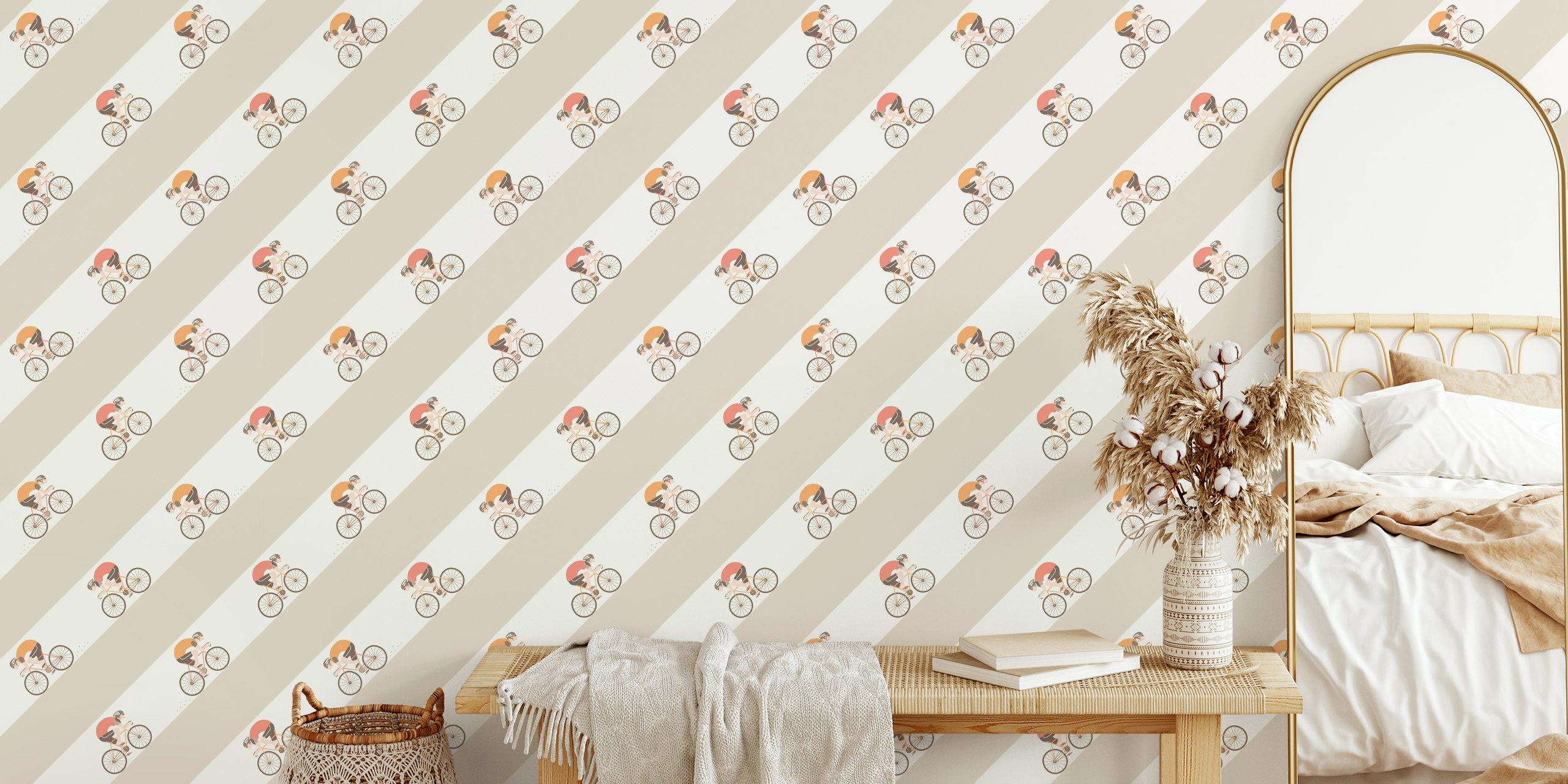 Cyclists on bicycles with earth tone stripes wallpaper