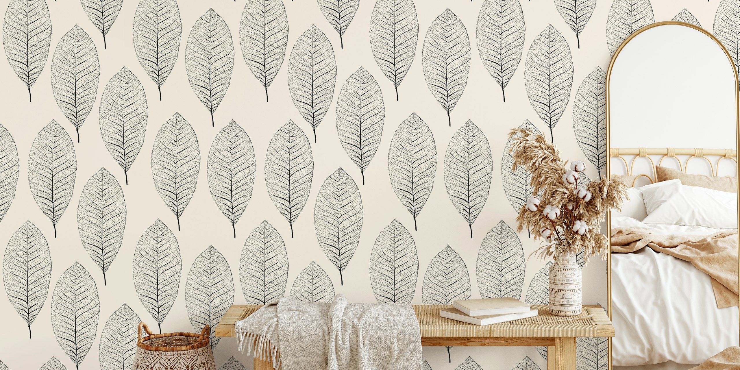 Black line-drawn leaves on cream background wallpaper