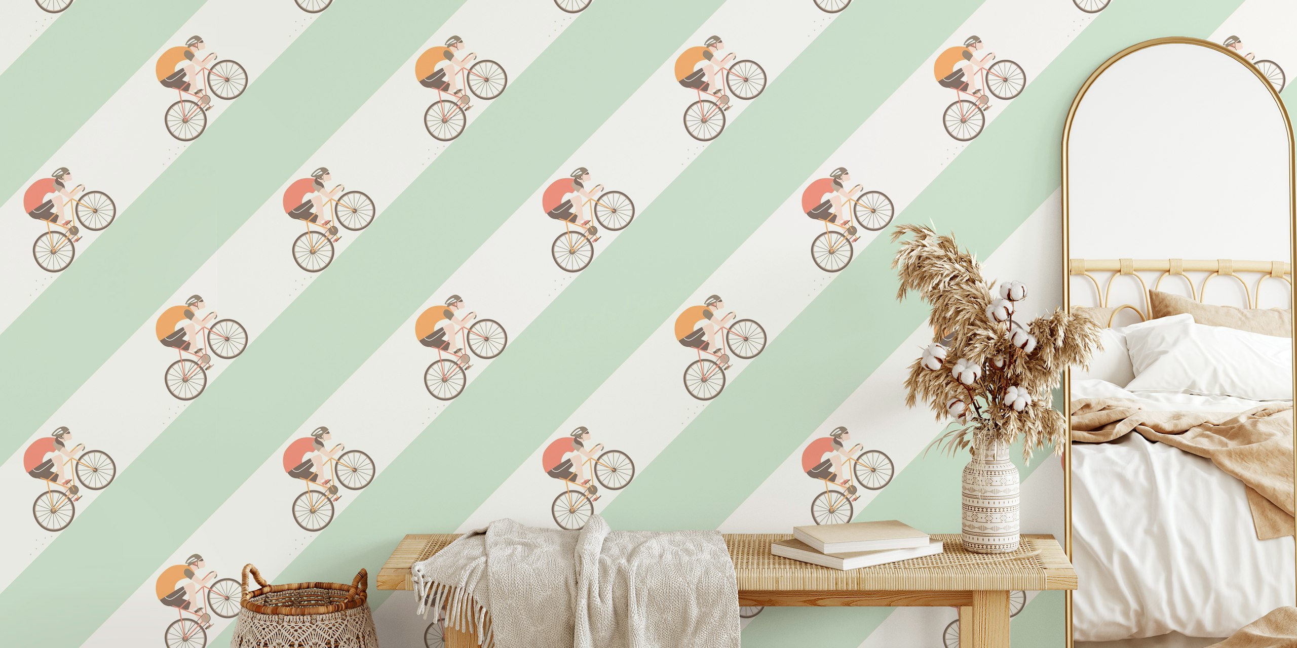 Cycling figures on stripes in cream and green wallpaper