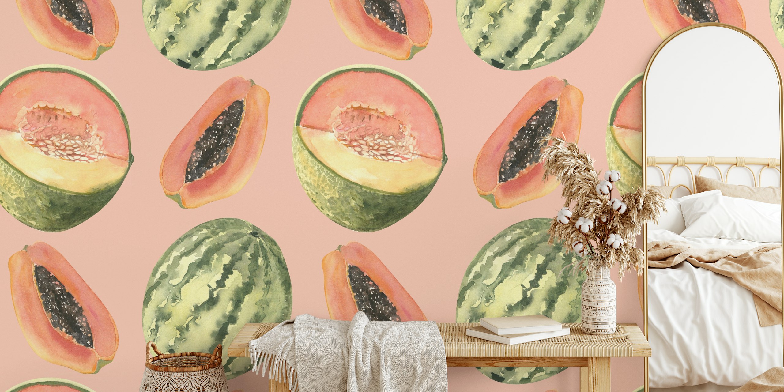Watercolor watermelon and papaya slices against a pink background wallpaper