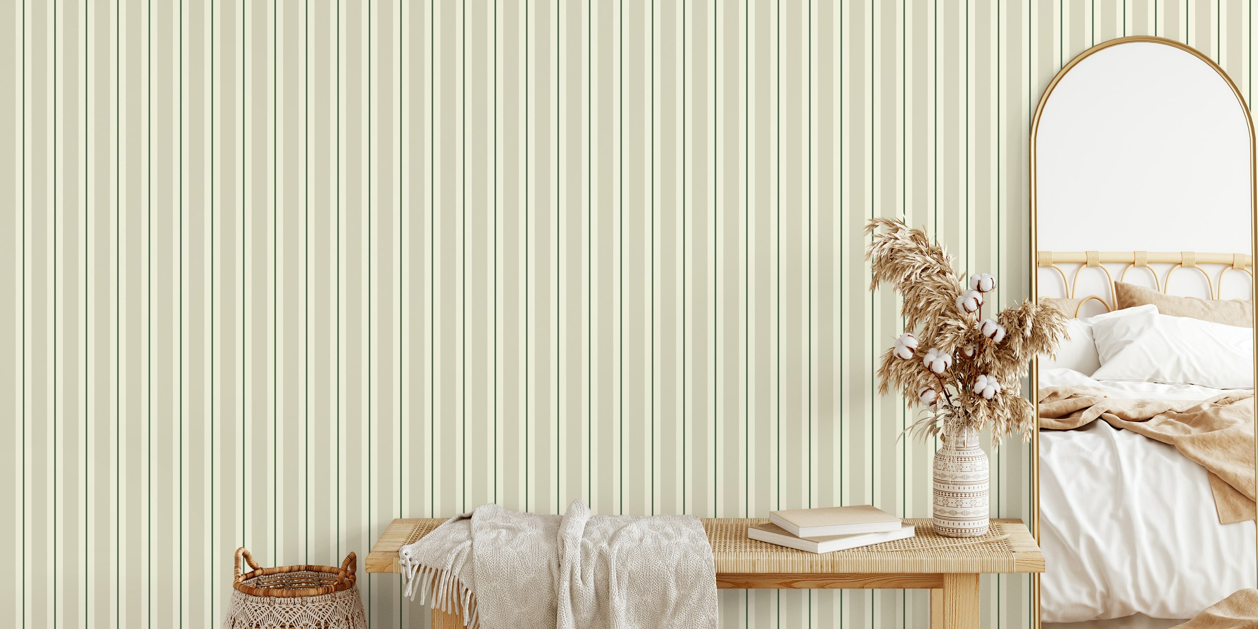 Vertical stripes in green and cream colors wallpaper