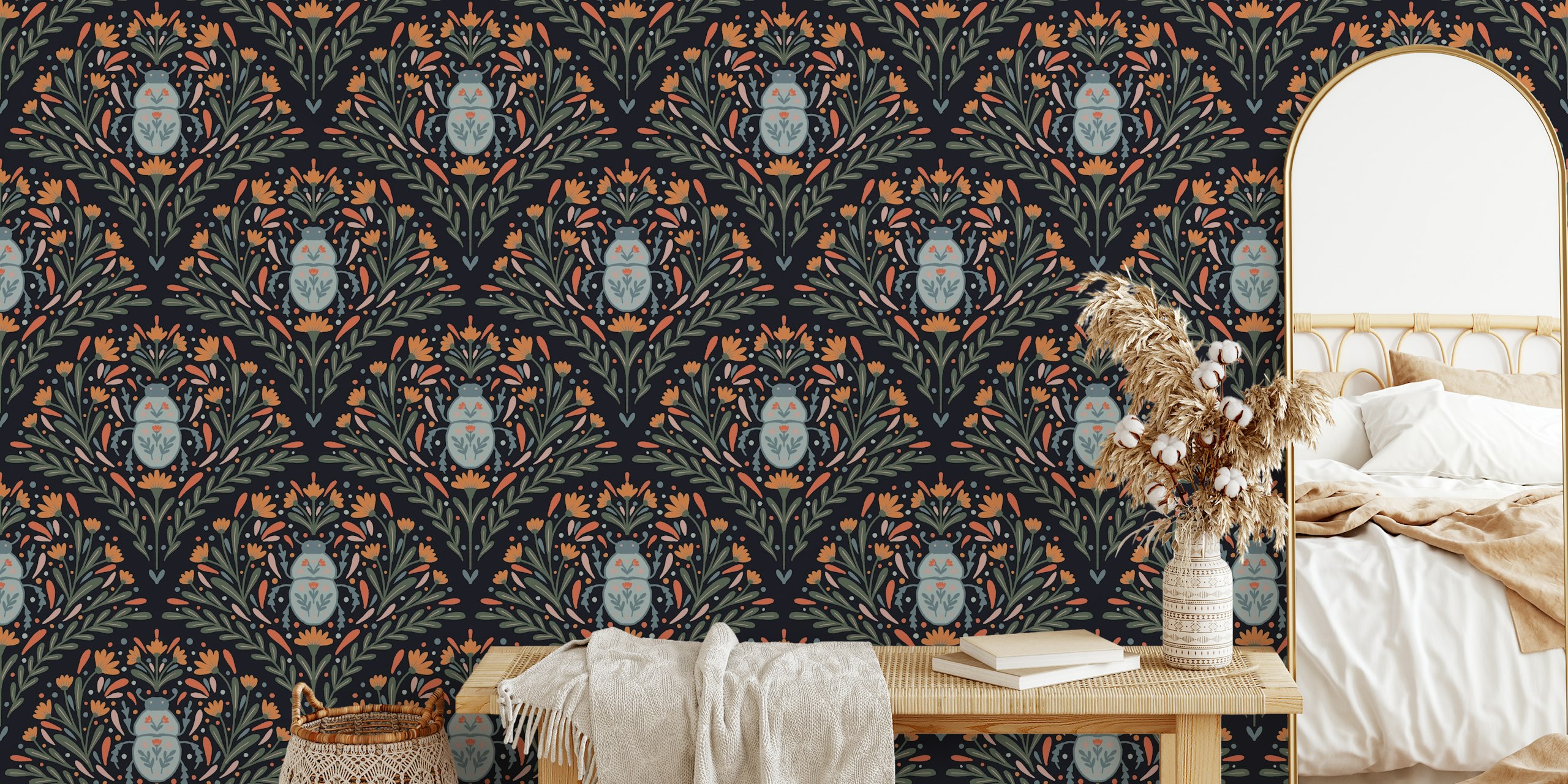 Bugs and flowers arcade vintage wallpaper σε ένα δωμάτιο