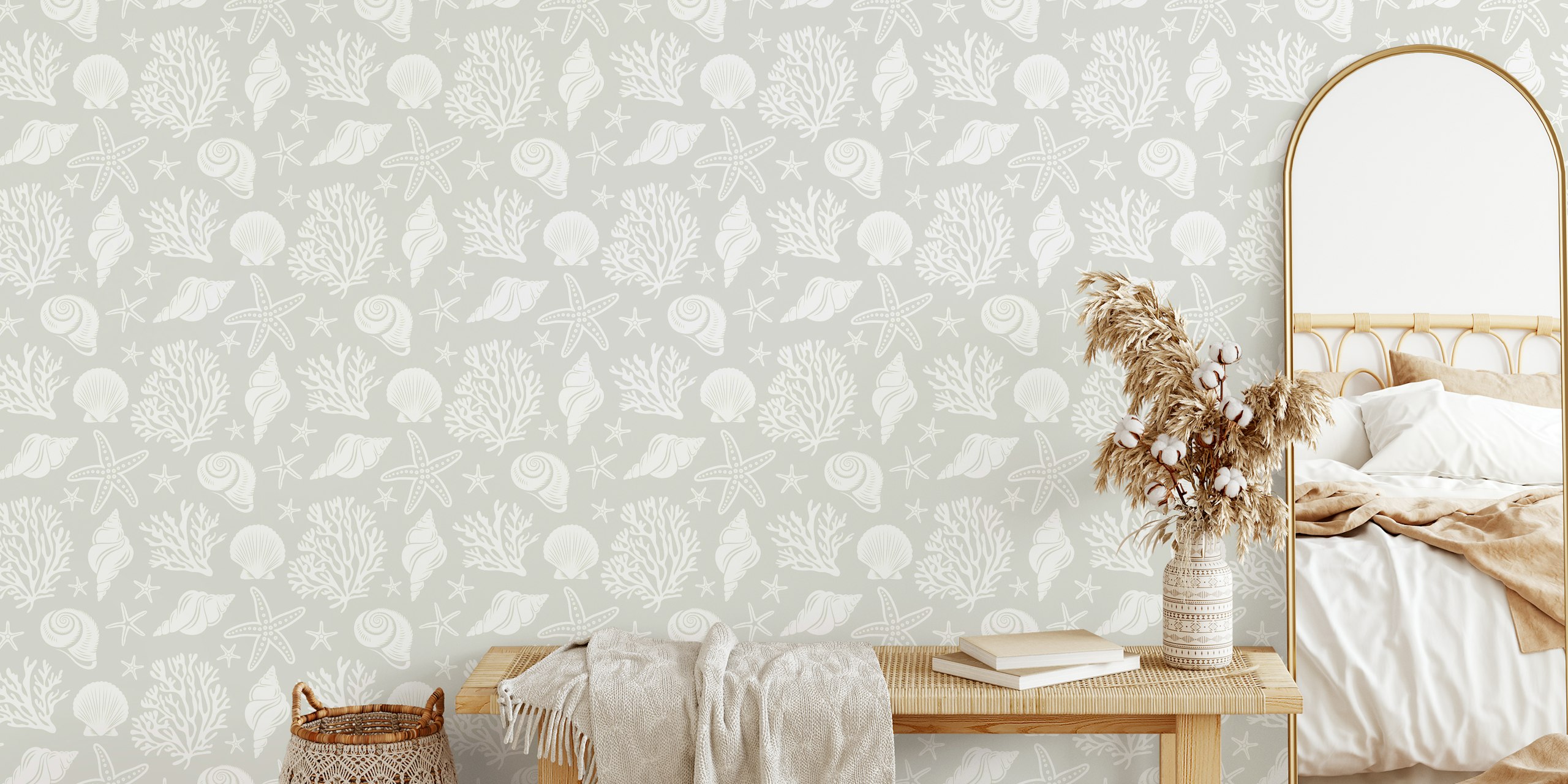 grey oceanic shells and starfish pattern wallpaper