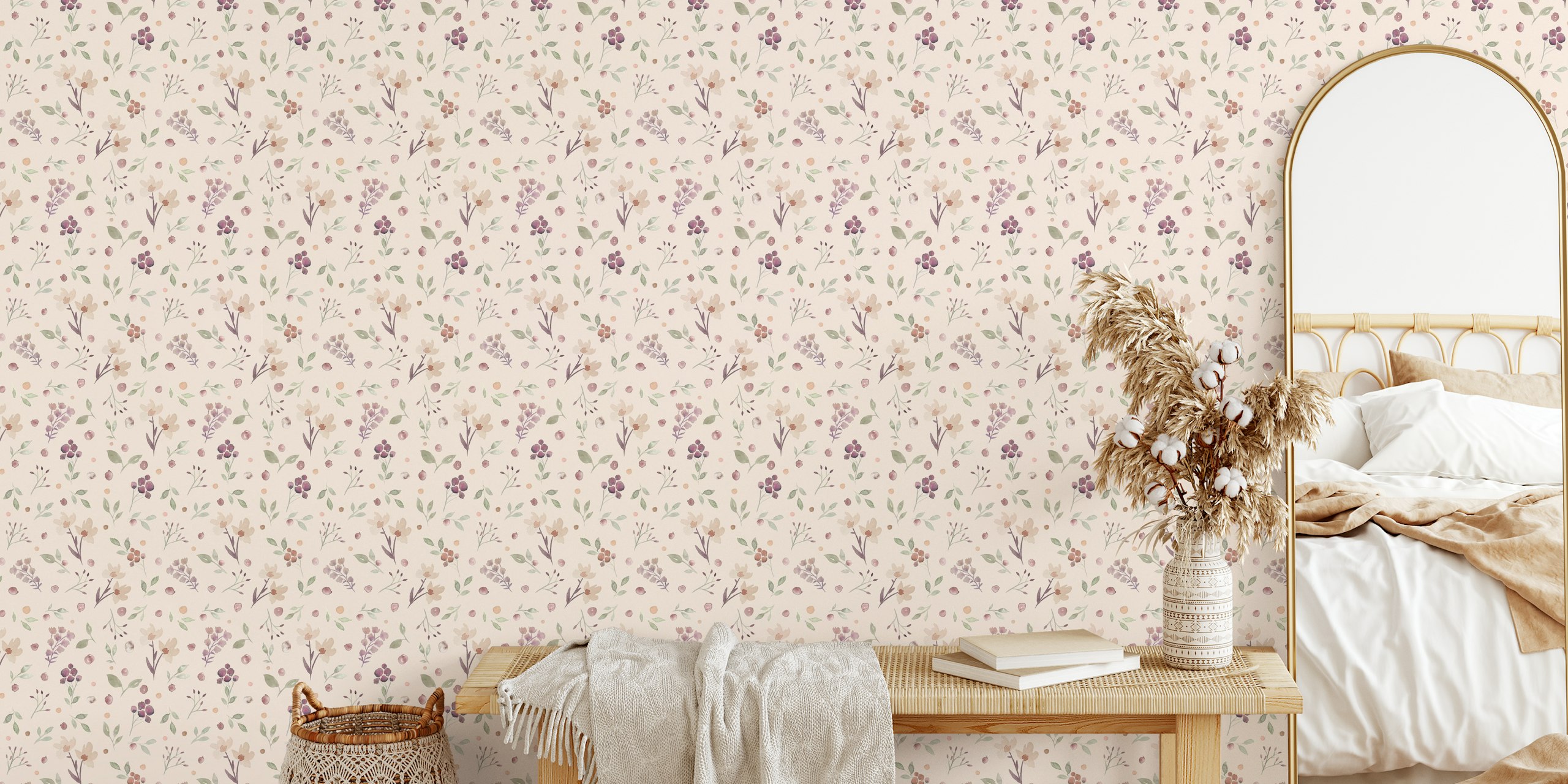 Beige floral wallpaper in a room setting