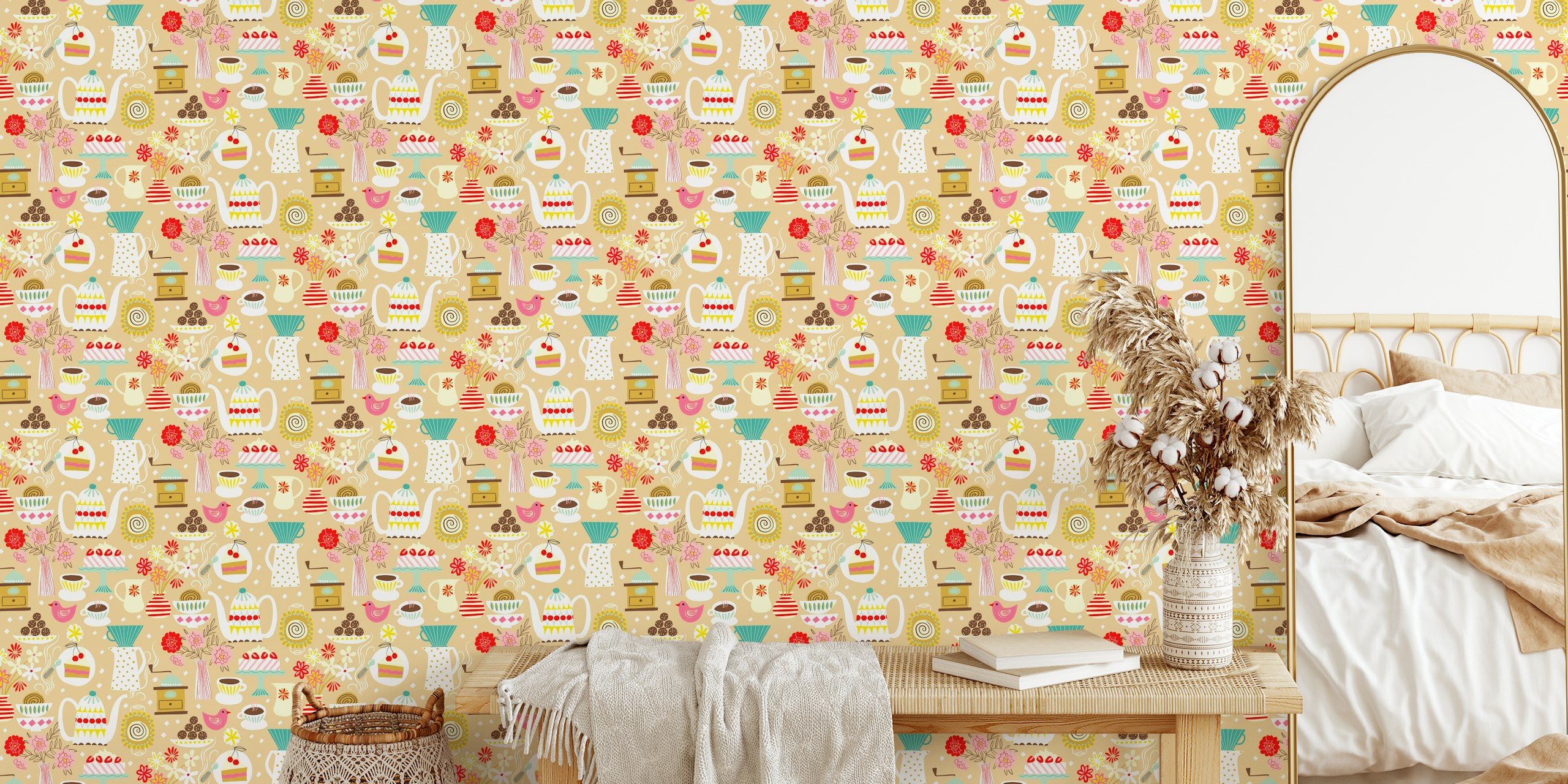 Teapots, cakes, and flowers on a brown background wallpaper