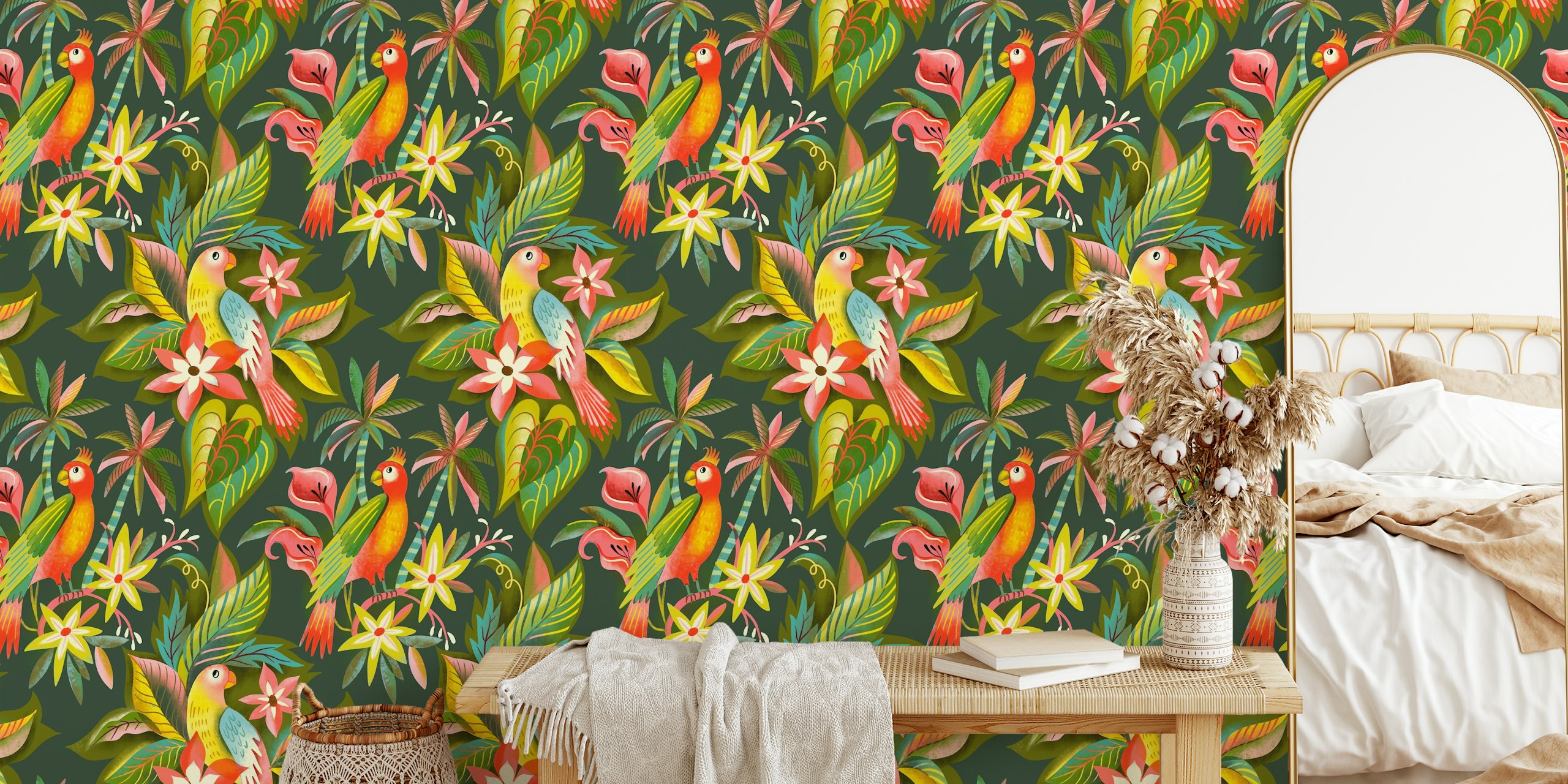 Colorful tropical parrots, flowers, green leaves wallpaper