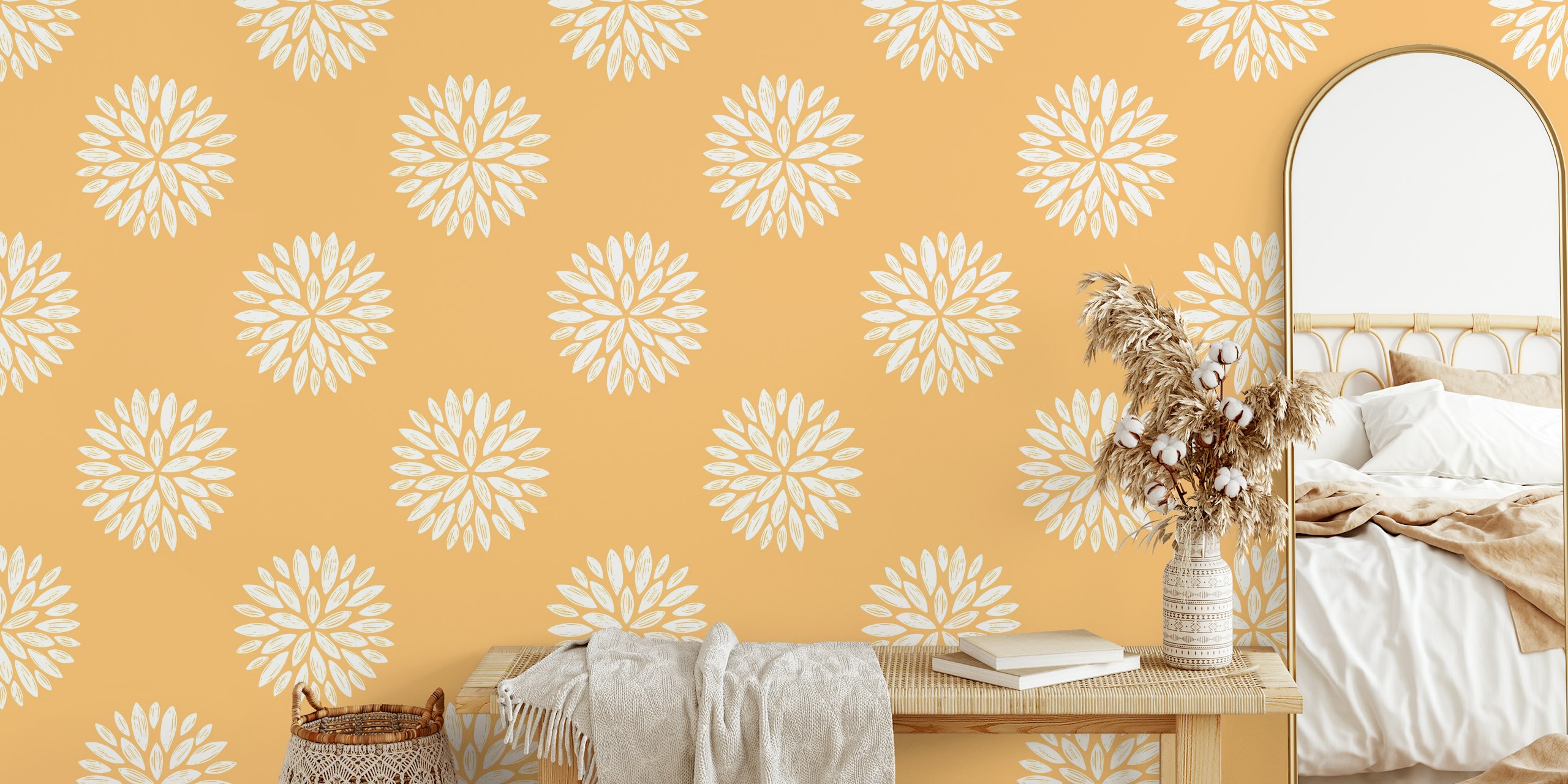 Delicate floral sunburst wallpaper in a room