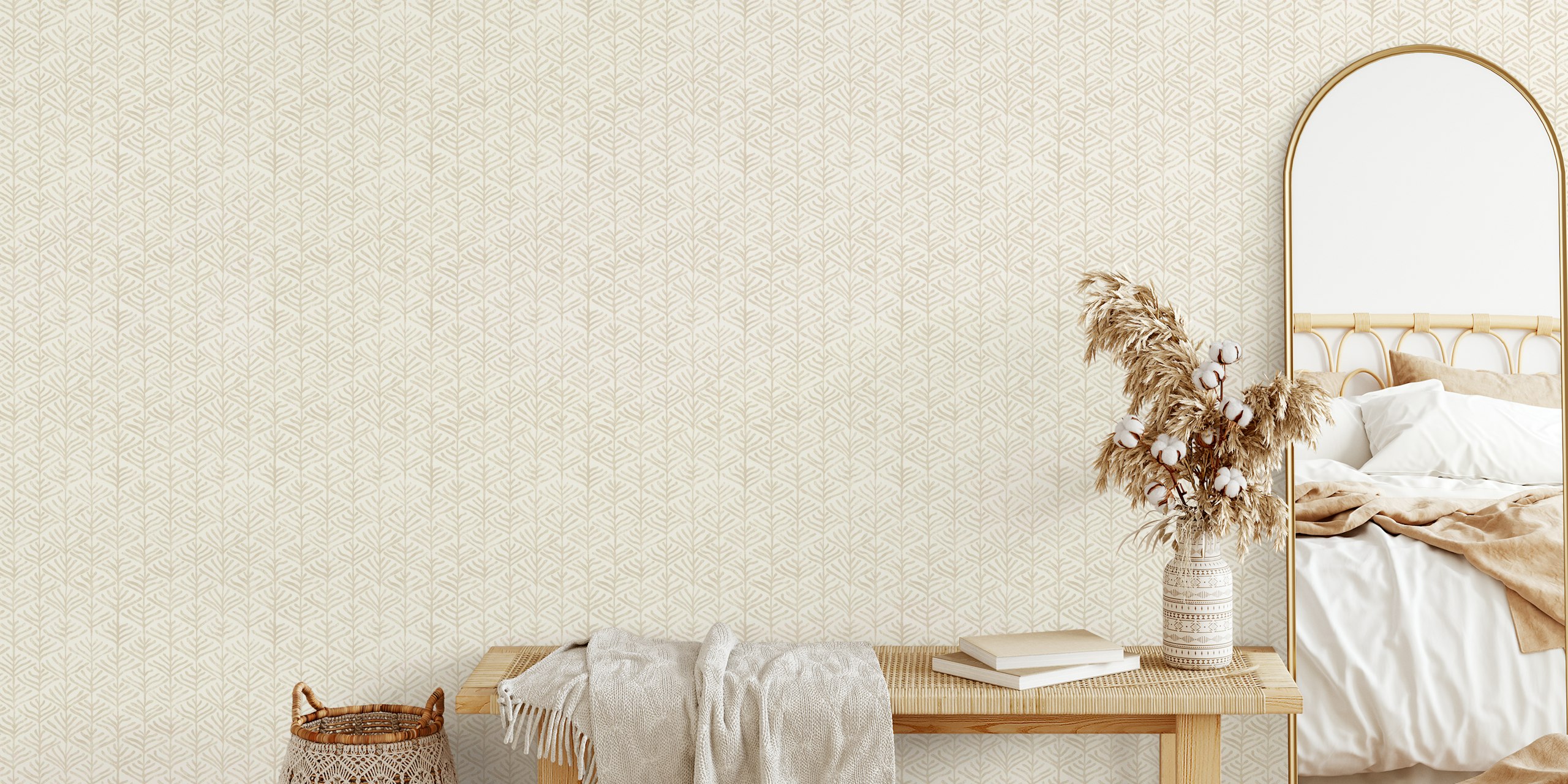 Minimal beige floral leaf pattern wallpaper