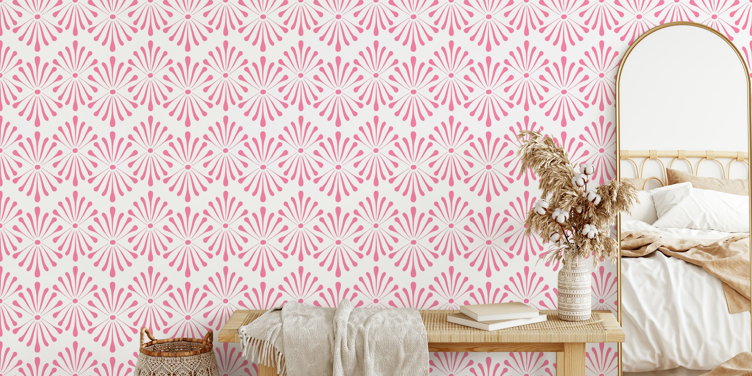 Pink floral pattern on beige background wallpaper
