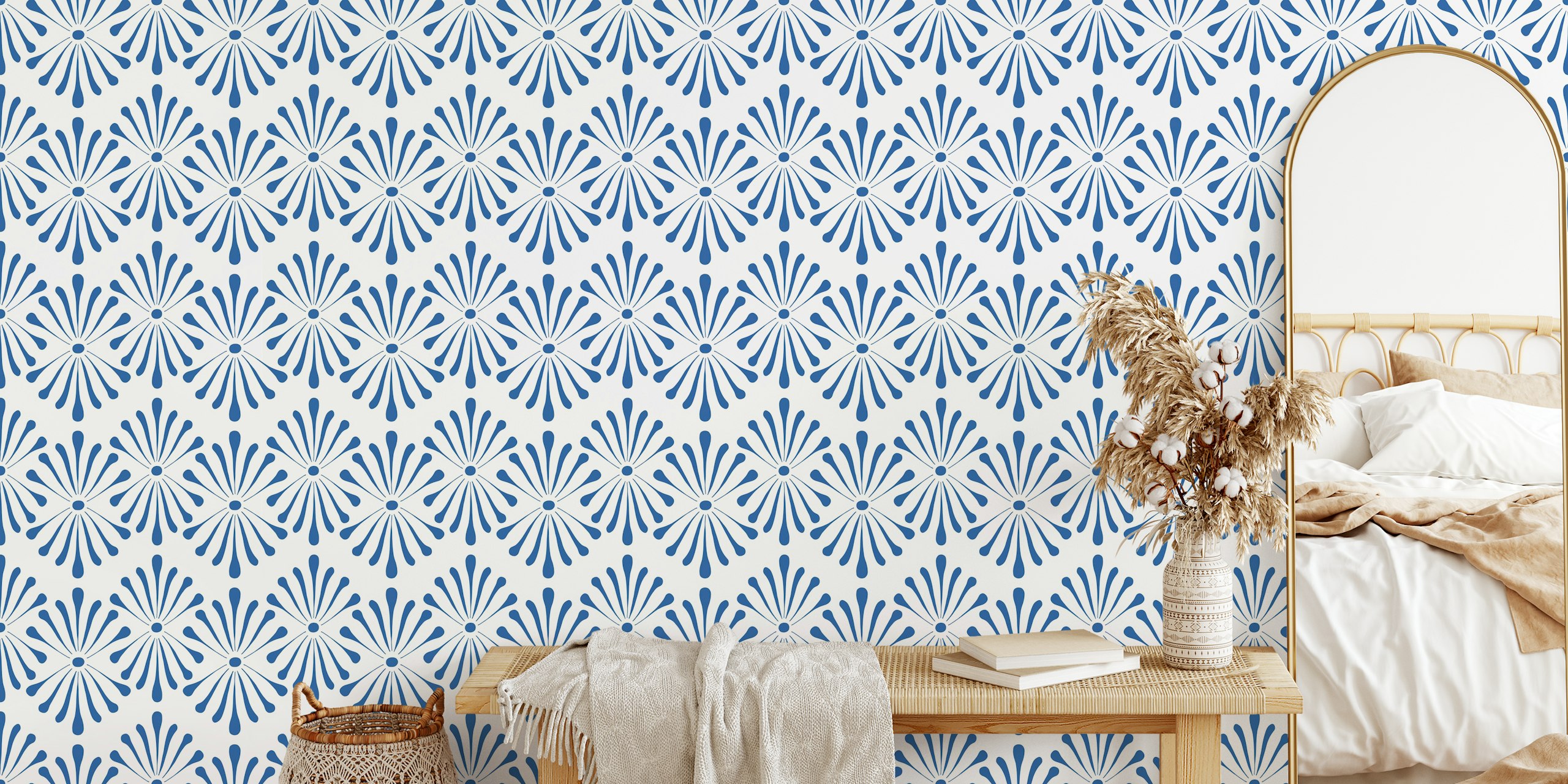 Abstract Floral Beige Blue wallpaper in a room