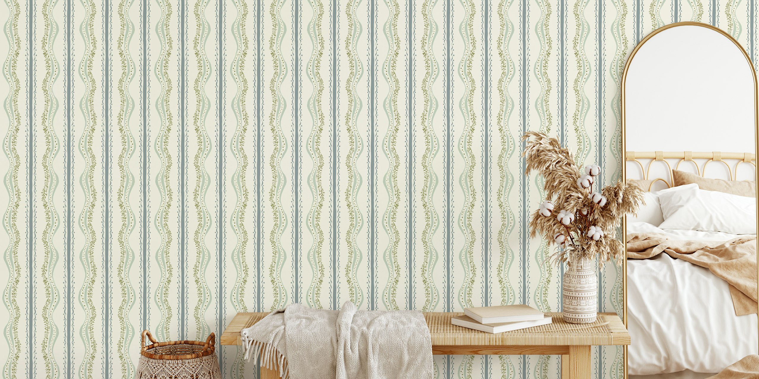 Cream wallpaper with green botanical stripes and wavy patterns