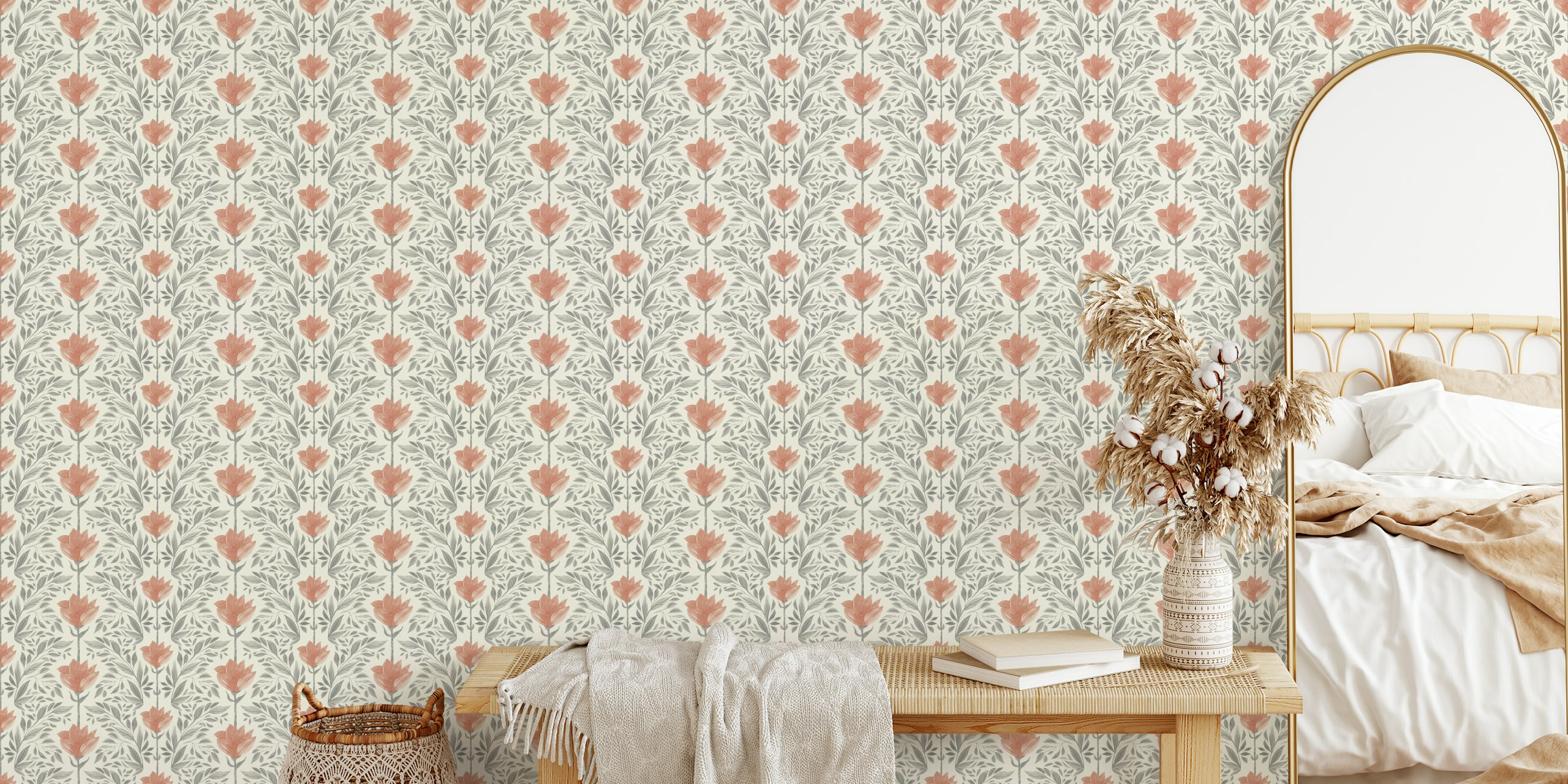 Floral design with red flowers and green leaves on a cream background wallpaper